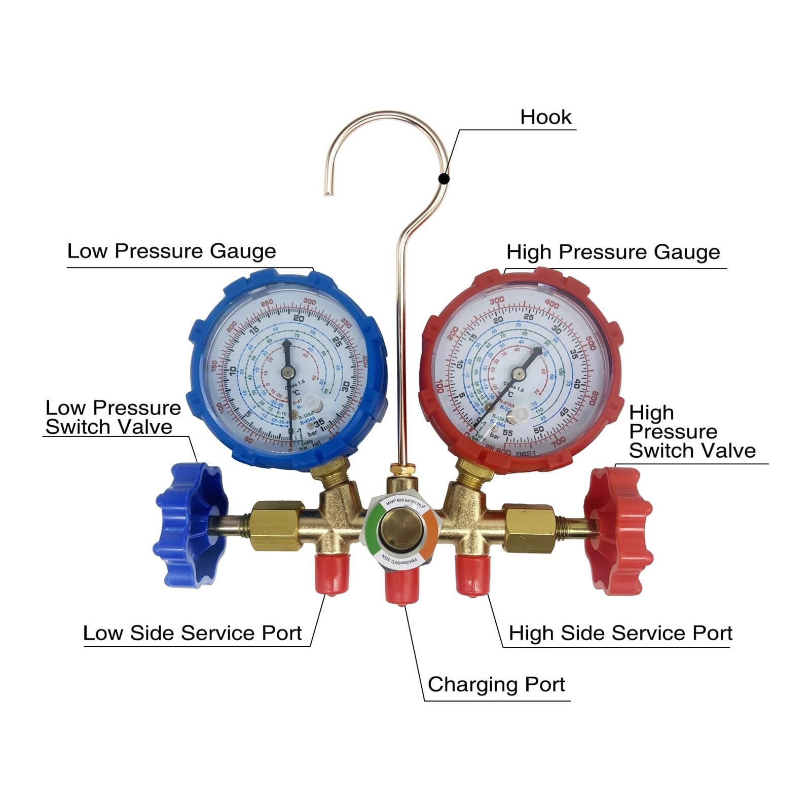 AC-Kältemittel-Nachfüllset, Klimaanlagen-Manometer mit Schlauch und Haken, 3-Wege for R12, R32, R404A, R134a Kompatibel(SET B)