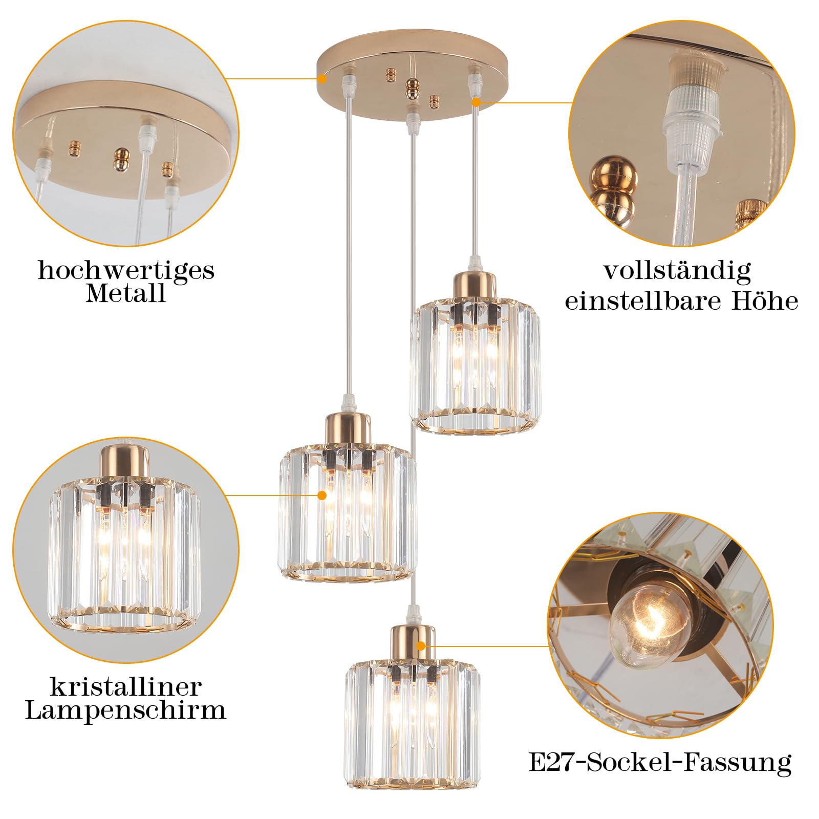 Pendelleuchte Esstisch Pendellampe Kristall, 3 Flammig Gold Kronleuchter Modern Hängelampe Kristall Pendelleuchte Höhenverstellbar E27 Fassung Hängeleuchte für Wohnzimmer Küche Schlafzimmer Flur