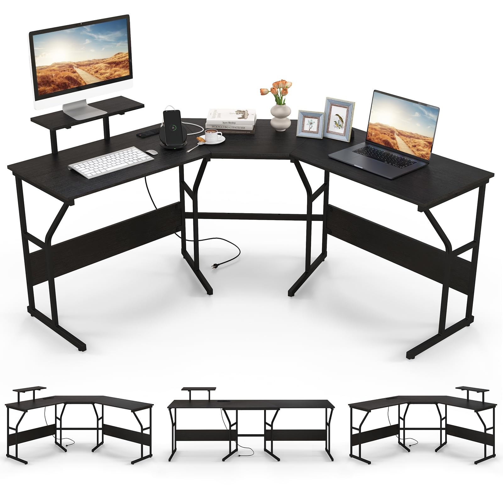 COSTWAY Escritorio Esquinero con Enchufe de Corriente, Escritorio en L Reversible con Soporte para Monitor Móvil, Escritorio Doble 2 Personas, 148 x 148 x 91 cm (Negro)