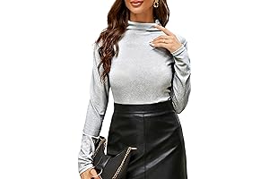 Women's Long Sleeve Silver Glitter Slim Fit Turtleneck Tee Blouse Tops
