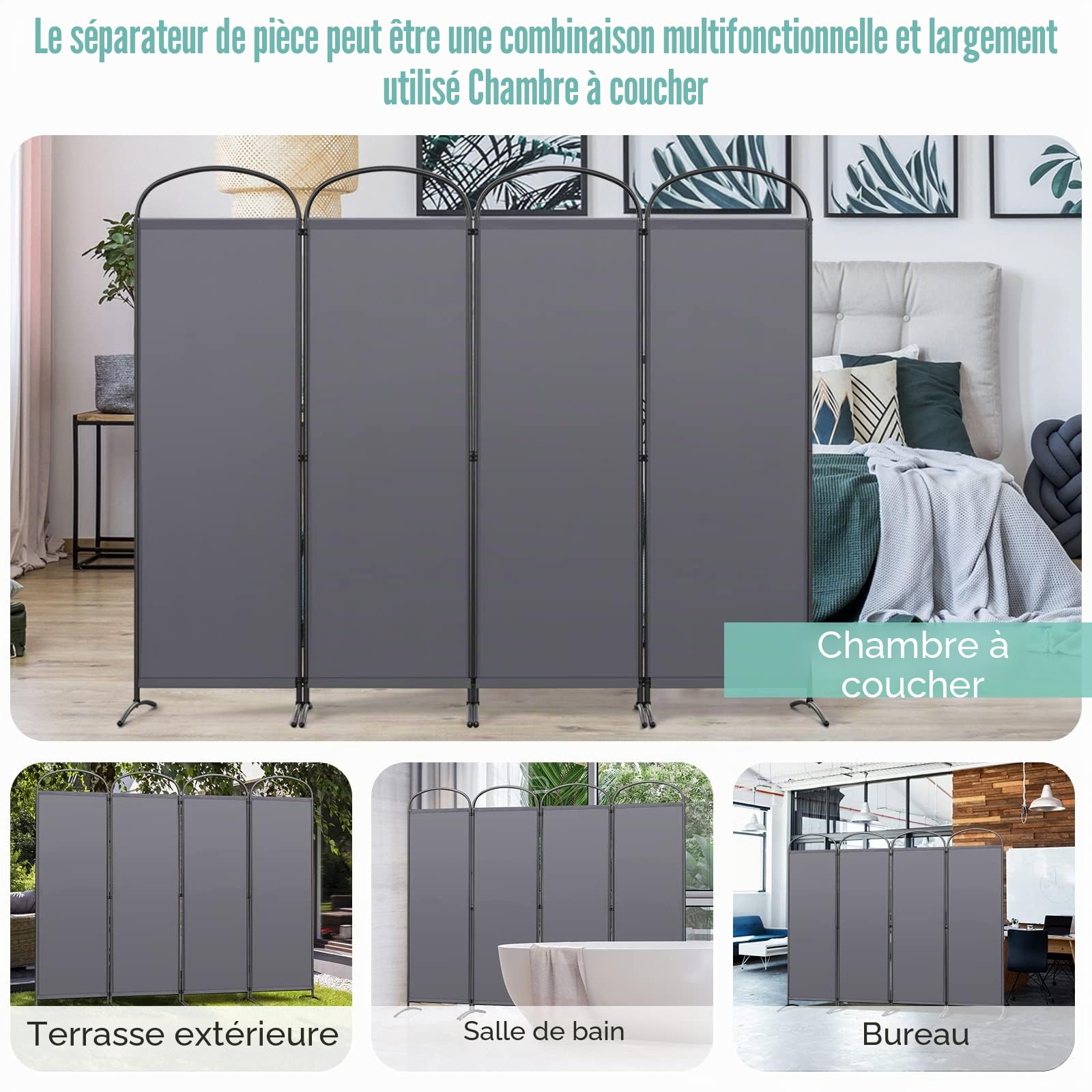 Angel Living Paravent 4 Panneaux Diviseurs de Chambre Séparateur de Panneaux Indépendant Paroi de Séparation Murale Séparation Visuelle pour Bureaux, Chambre à Coucher, 224 x 182cm (Gris)