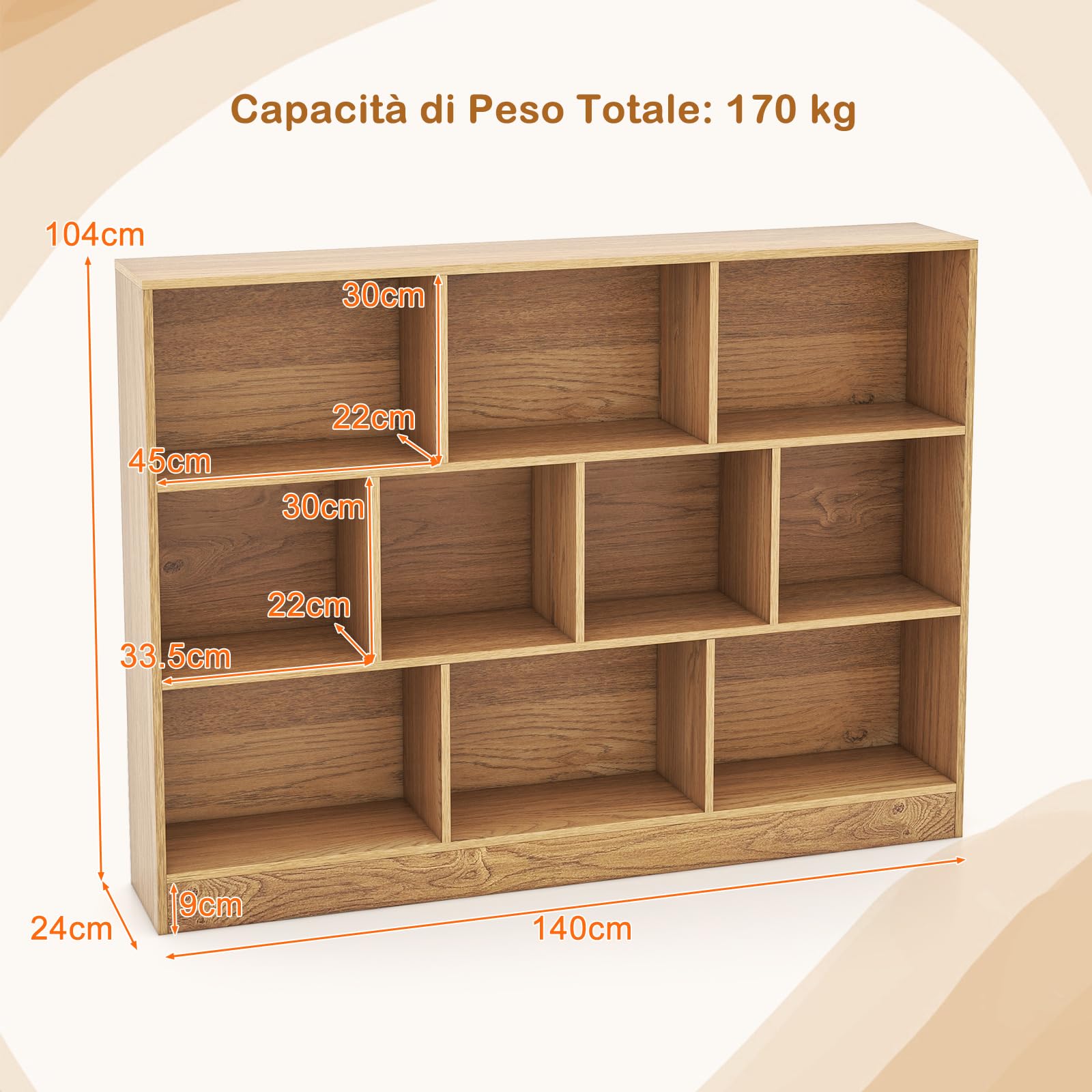 GYMAX Libreria a 10 Cubi Aperti, Scaffale Autoportante da Pavimento, Kit Anti-Ribaltamento, Organizzatore di Archiviazione 3 Livelli per Soggiorno Camera da Letto Ufficio (Naturale, 140 x 24 x 104 cm)