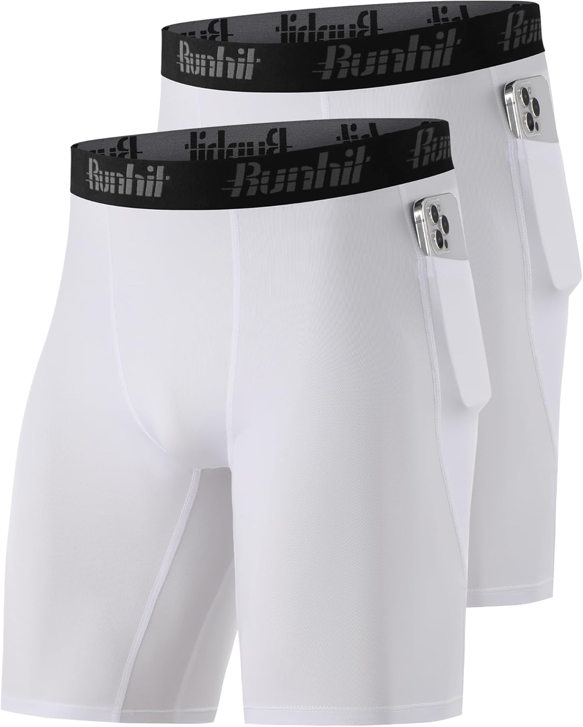 Runhit 2 Pack Mens Compression Shorts with Pockets 9" Performance Spandex Underwear Sport Athletic Workout Running Base Layer