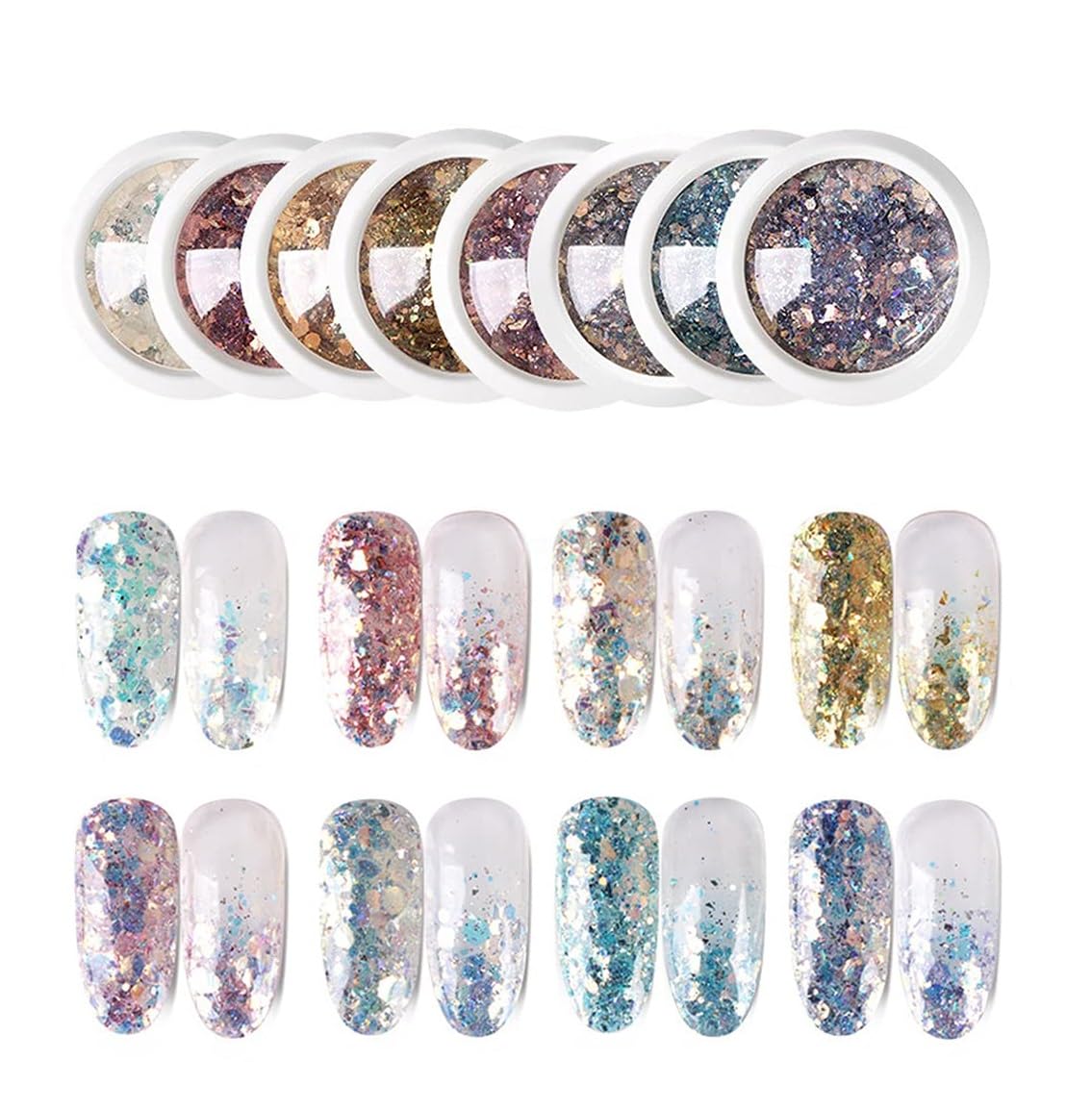 D.B.Z.® 8 Color Nail Art Gradient Glitter Magic Laser Thin Sequins Mixed Mirror Hexagon Shape Mermaid Flakes Glitters Holographic Manicure for Nail Gel