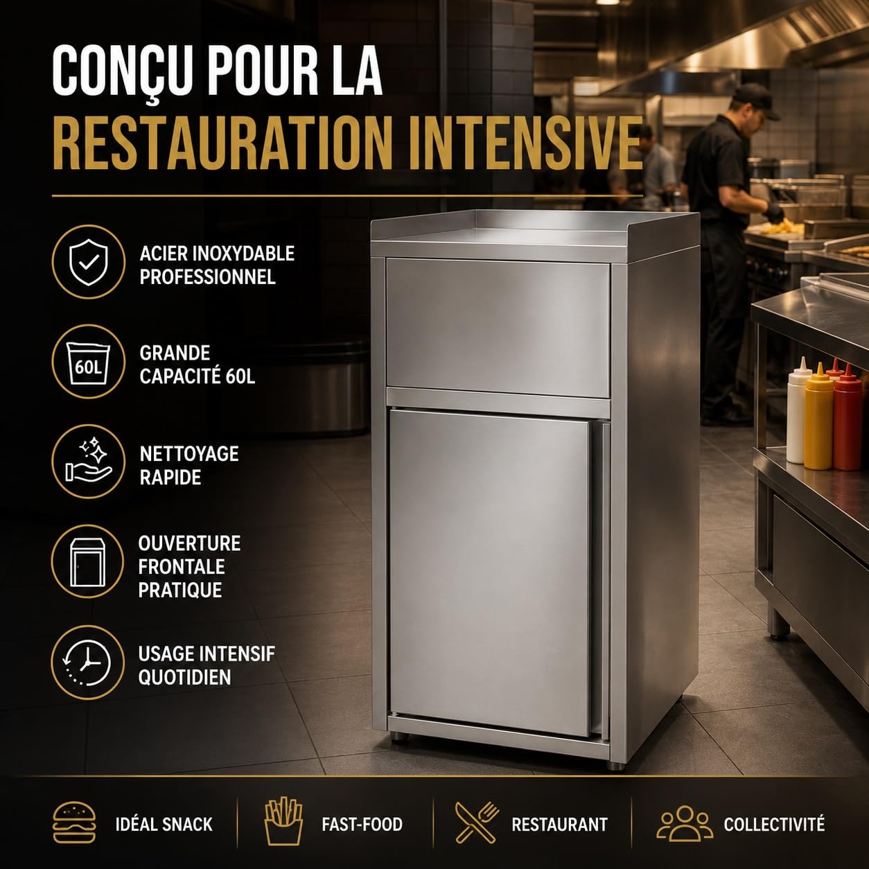 Générique Poubelle Snack Inox Professionnelle 60L – Ouverture Frontale – Acier Inoxydable – Fast Food, Restaurant, Collectivité – 500x530x1200 mm