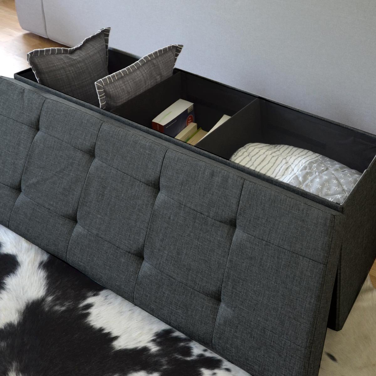 DuneDesign Otomana XXL Banca Plegable 110x38x38cm Incl 2 Paredes divisorias 120L pie de Cama Rectangular sofá Forrado con Tela 3 plazas Gris Oscuro