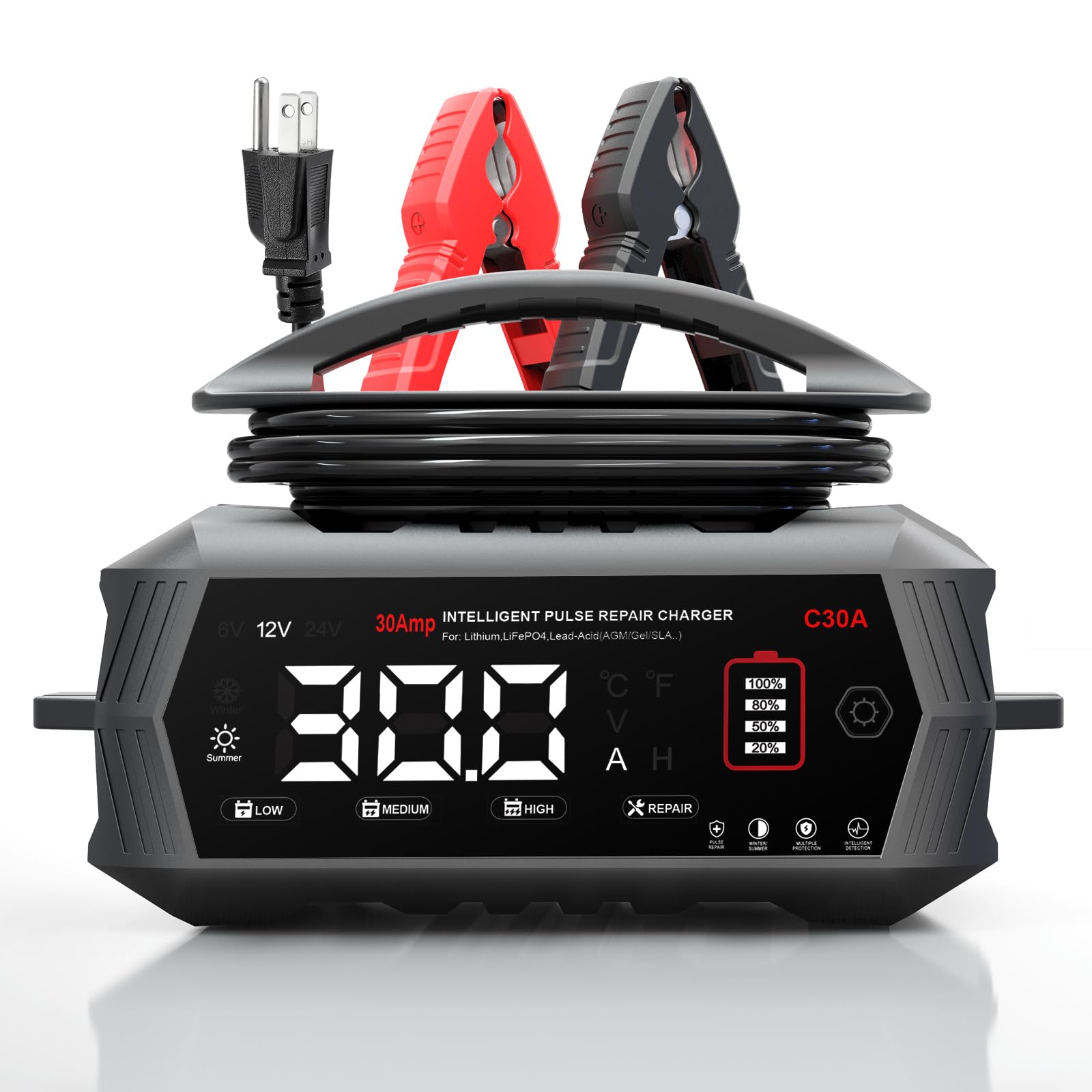16-Amp Battery Charger, 12V 24V Lithium LiFePO4 Lead Acid Car Battery Charger 10-Stage Trickle Charger Smart Battery Maintainer w/Temp Compensation for Car Truck Lawn Mower Boat Marine — view 11