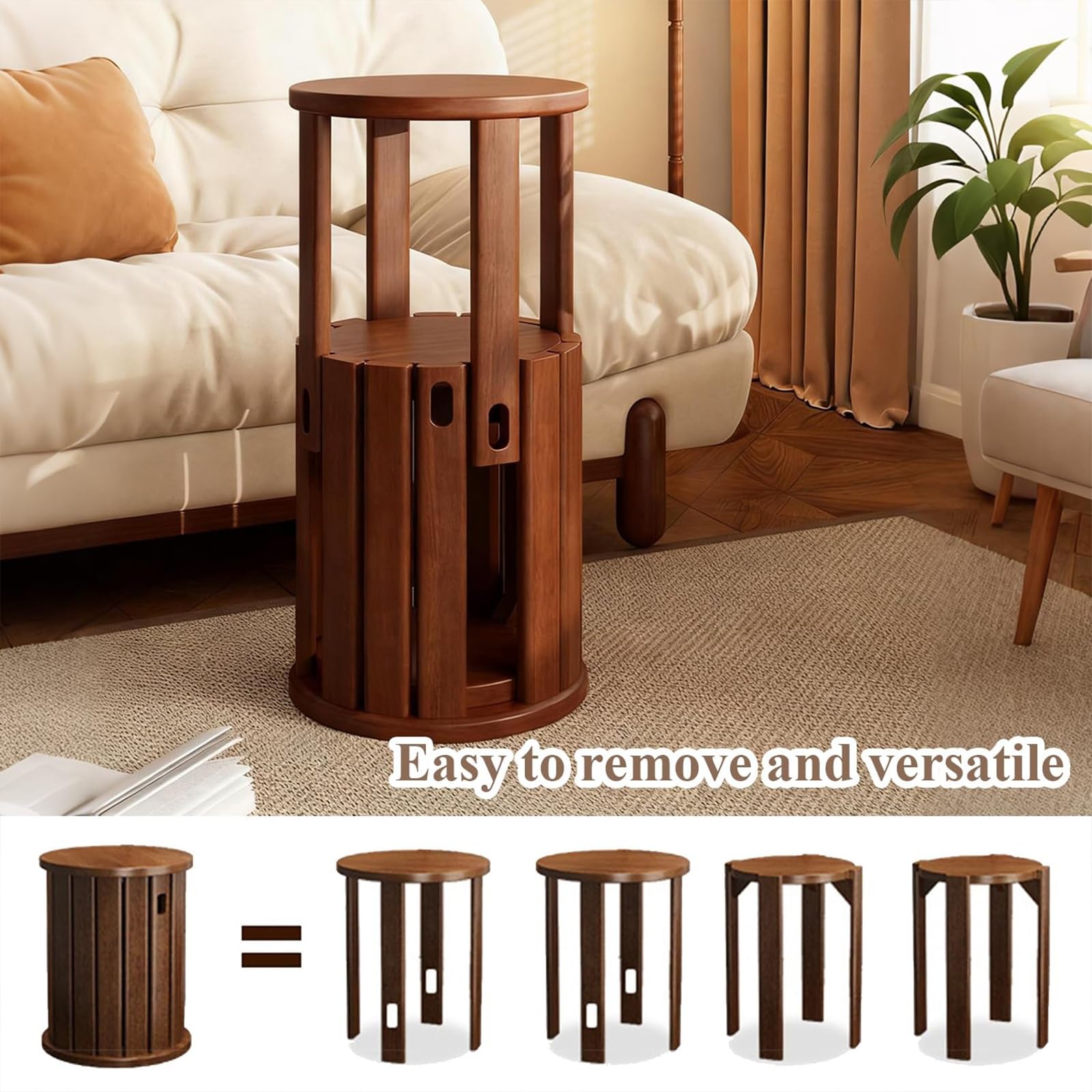 Set di 4 sgabelli impilabili, in legno massiccio, multiuso, design salvaspazio, non richiede installazione, per soggiorno, camera da letto o balcone