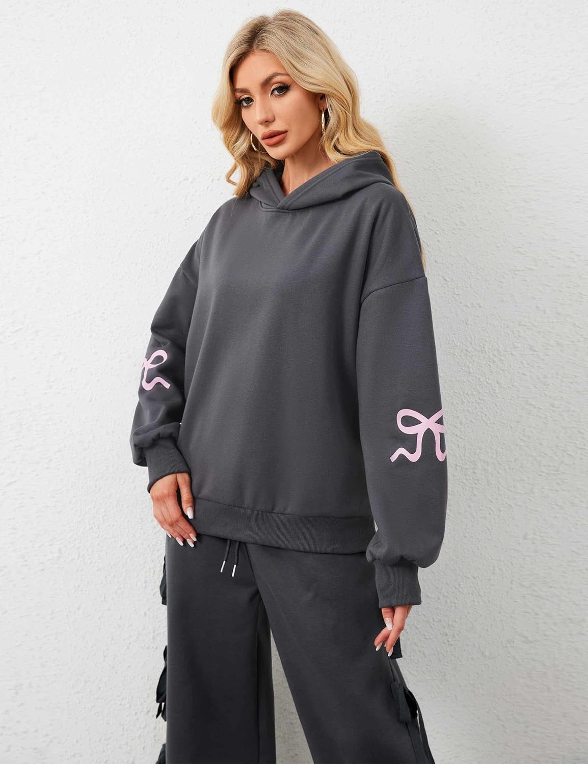 Livtany Women's Bow Trim Print Fleeced Hoodies Oversized Long Sleeve Hooded Sweatshirts Graphic Drop Shoulder Pullover Top - Image 2