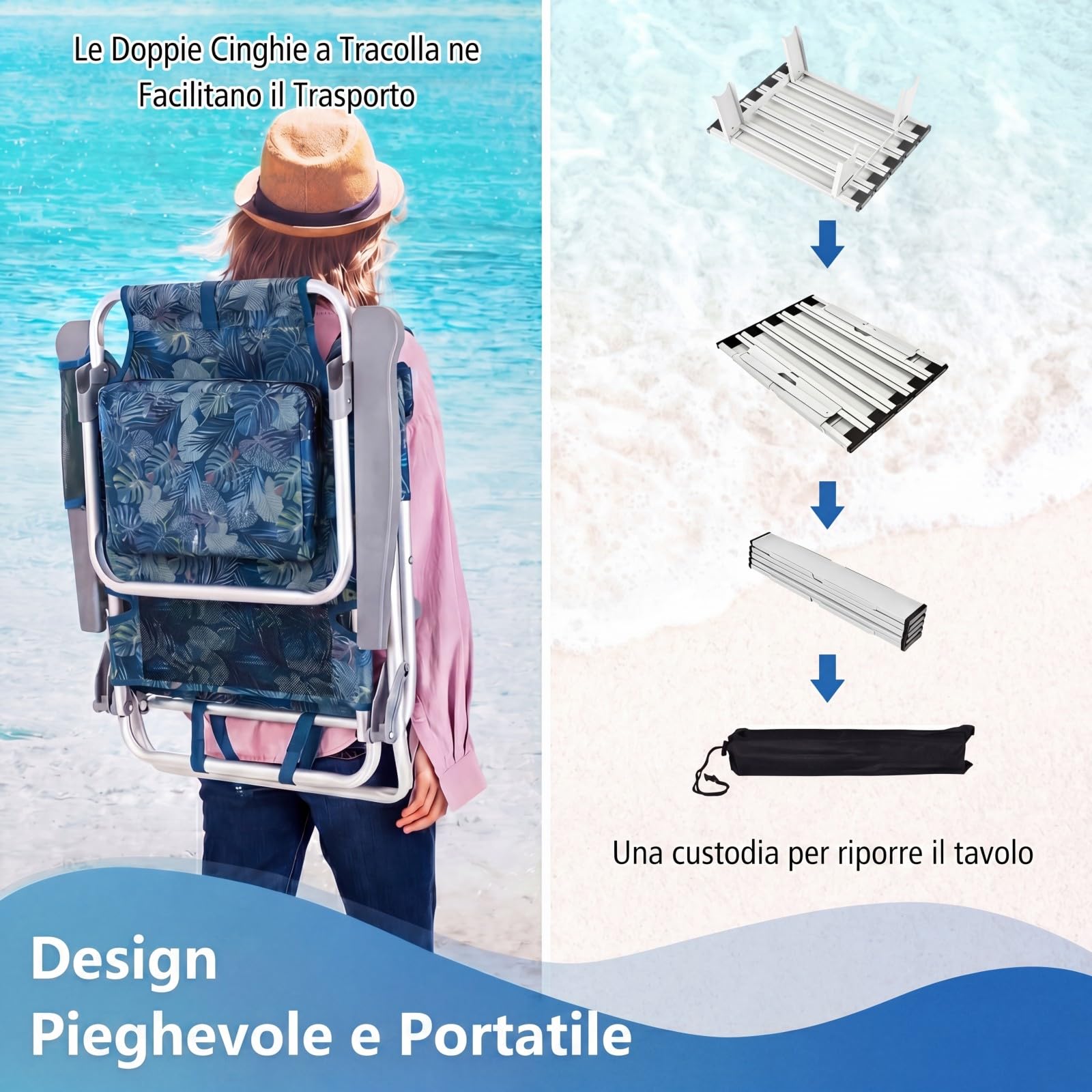 COSTWAY Set Sedia da Spiaggia, con Tavolino Pieghevole, Schienale Regolabile a 5 Livelli, Poltrona da Spiaggia con Cuscino per Testa, Sedia da Campeggio, Portata 136 kg (Blu Scuro, Modello 2)
