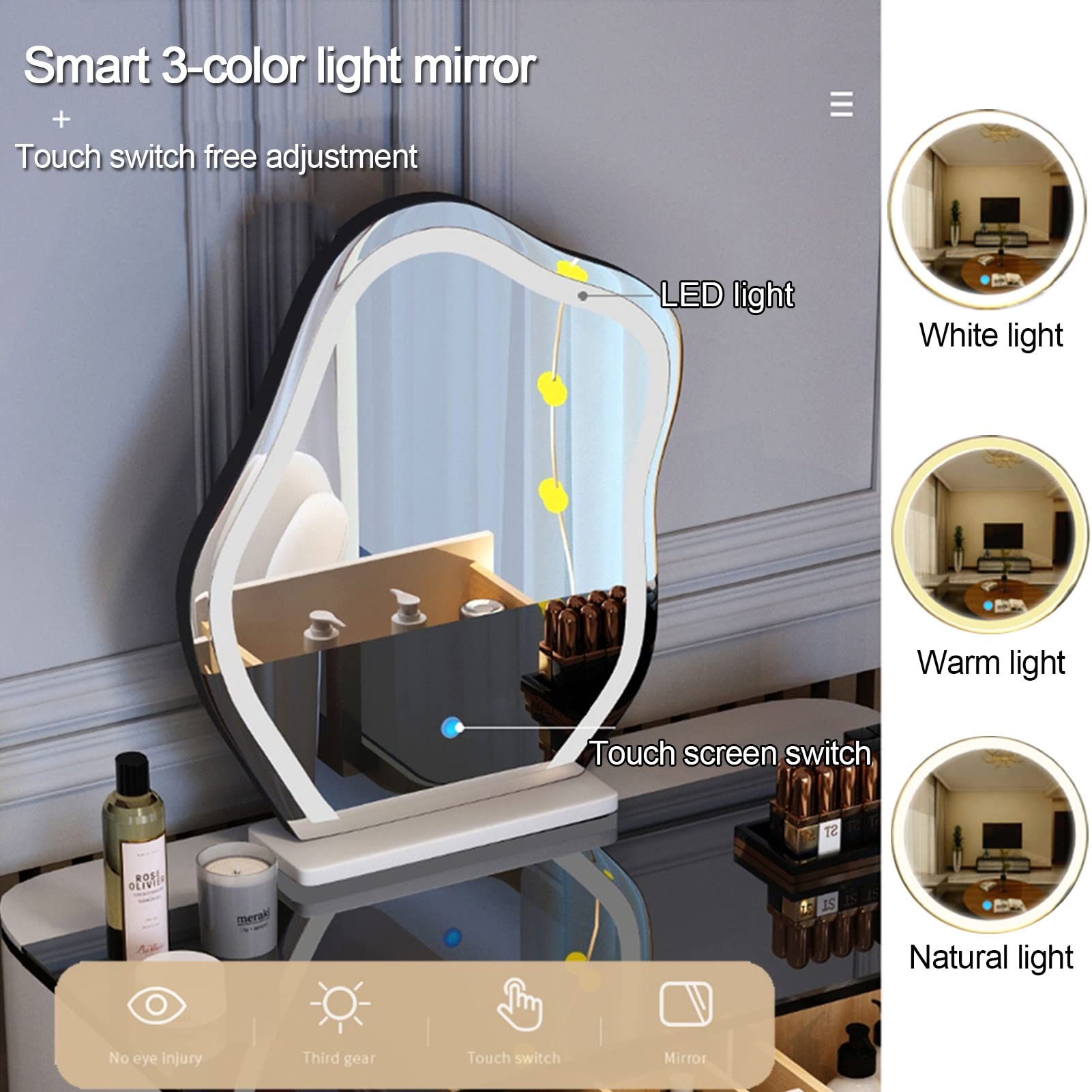 Set da toeletta a LED con sgabello imbottito, cassetto di ricarica USB, specchio per il trucco illuminato, elegante design grigio nuvola per camera da letto, perfetto per gli amanti della bellezza