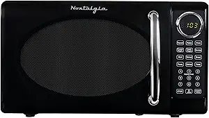 Nostalgia Retro Microwave Oven 0.7 Cu Ft, 700-Watt Countertop Size with Glass Turntable, Child Safety Lock, 8 Auto-Cook Programs, Digital Clock, Black