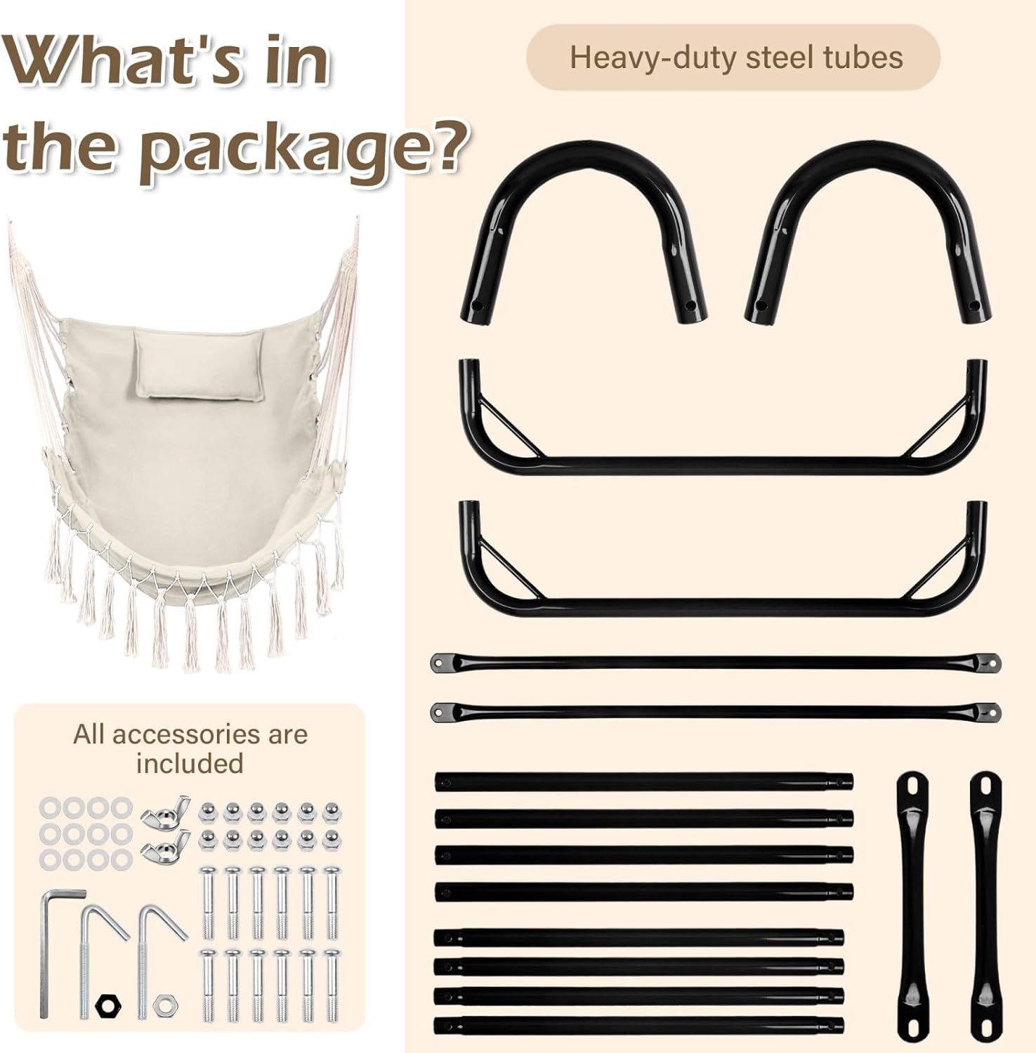 U-Shaped Hammock Chair with Stand, Heavy-Duty and Rustproof Hanging Chair with Stand, Bohemian Style Tassel Hammock Swing Chair Stand with Headrest and Side Pockets for Yard Garden (White) - Image 8