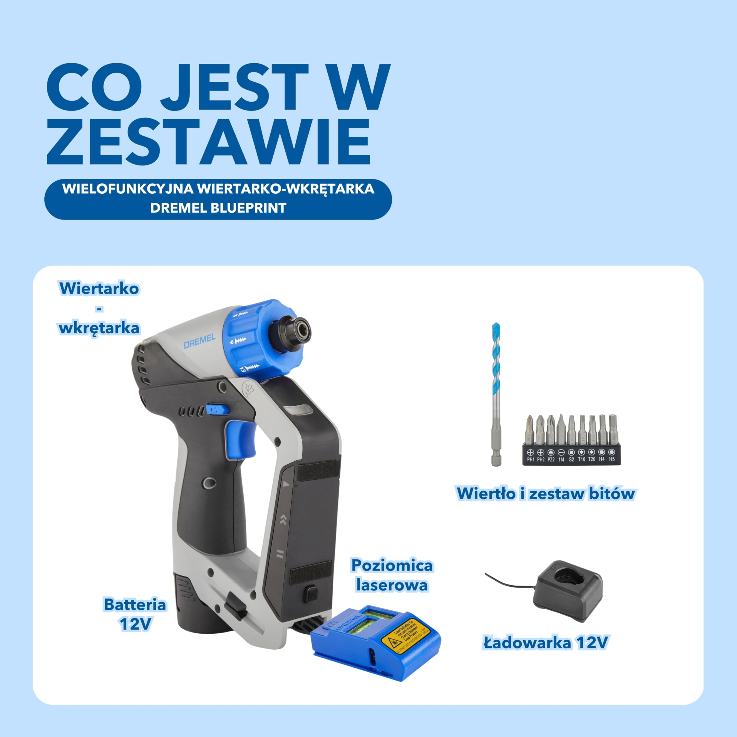 Dremel Blueprint 12 V, bezszczotkowa wiertarko-wkrętarka 3 w 1, akumulator 2,0 Ah, 9x zestaw bitów, 1x wiertło wielomateriałowe, poziomica, szybka ładowarka
