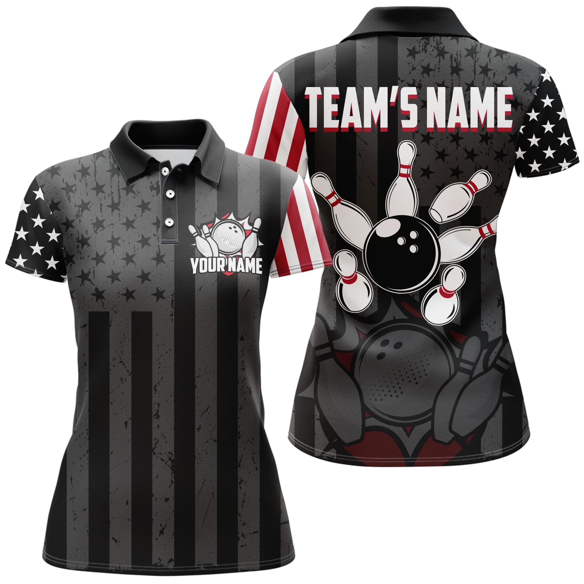 PIONAMZIOZ Custom American Bowling Shirt Men & Women Black Bowling Team League Jersey Bowling Polo&Quarter-Zip Shirt BDT71 (Women Polo)