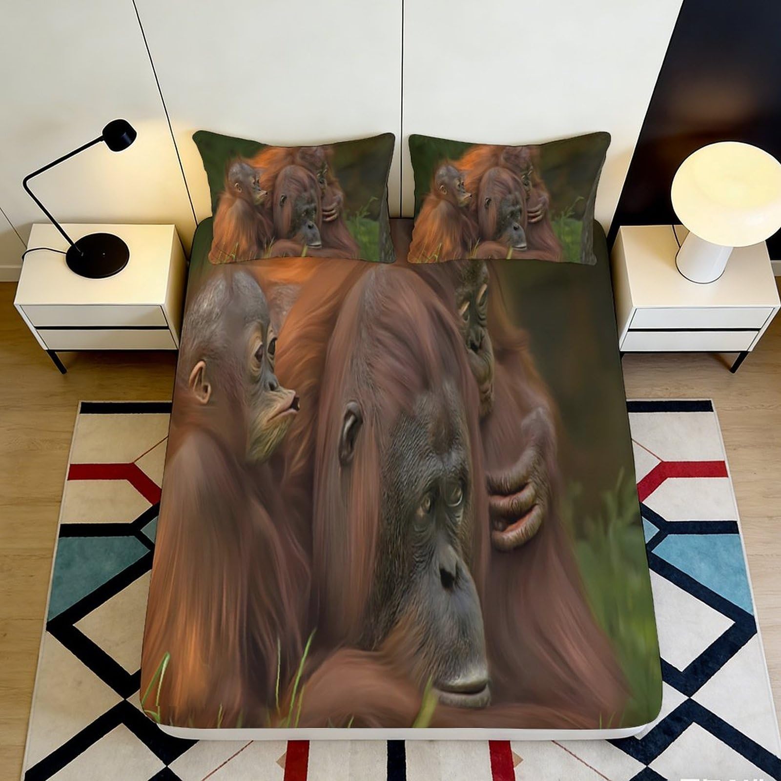3D Printed Orangutan Family Fitted Sheet Microfiber Soft Durable Animal Print Bed Cover for Bedroom Dormitory Guest Room Mattress Protection 160x200x25cm