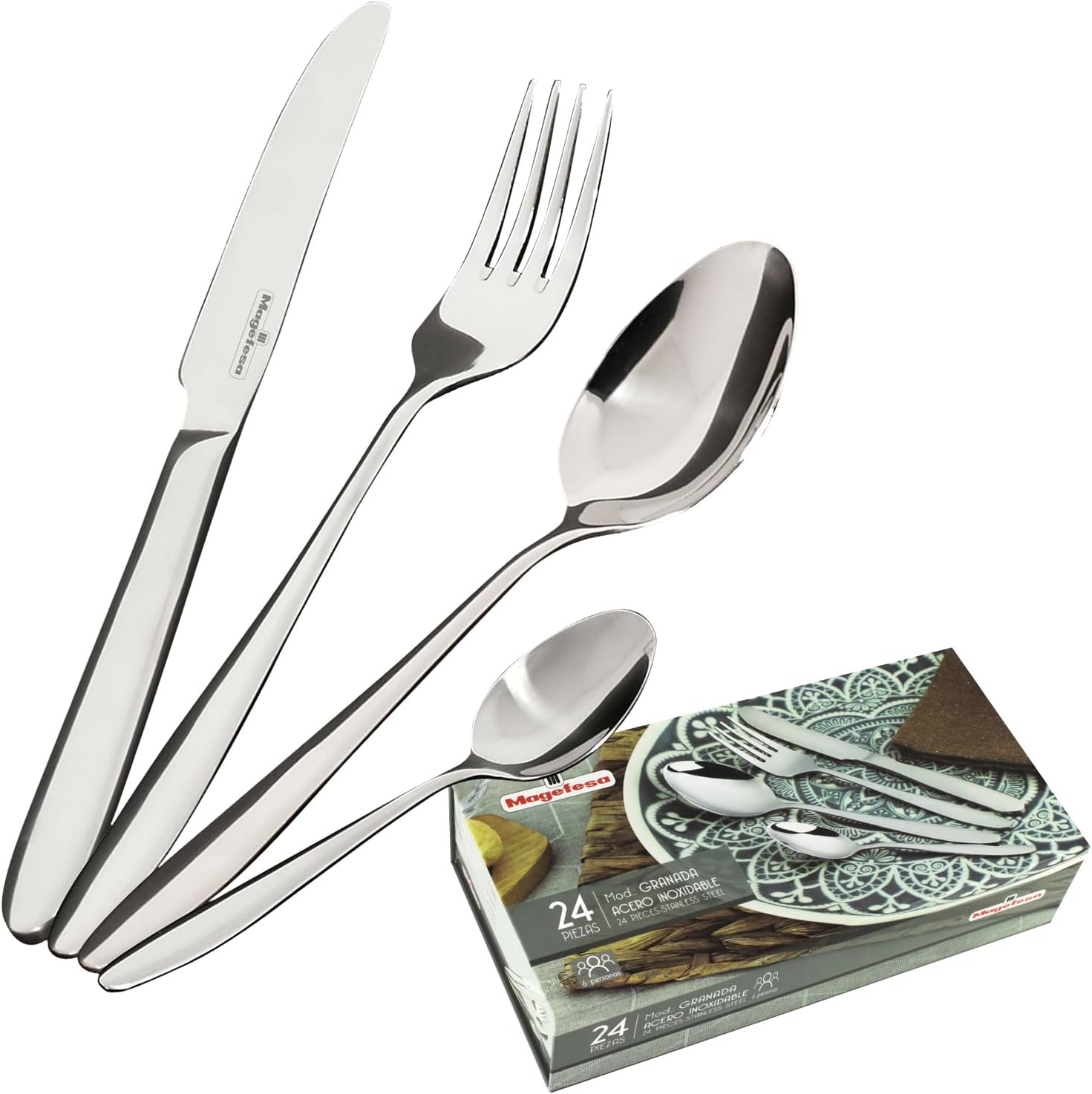 MAGEFESA Granada 24-Piece Silverware Set – Premium Stainless Steel Flatware for 6, Elegant & Durable, Gift-Ready Blue Box Included