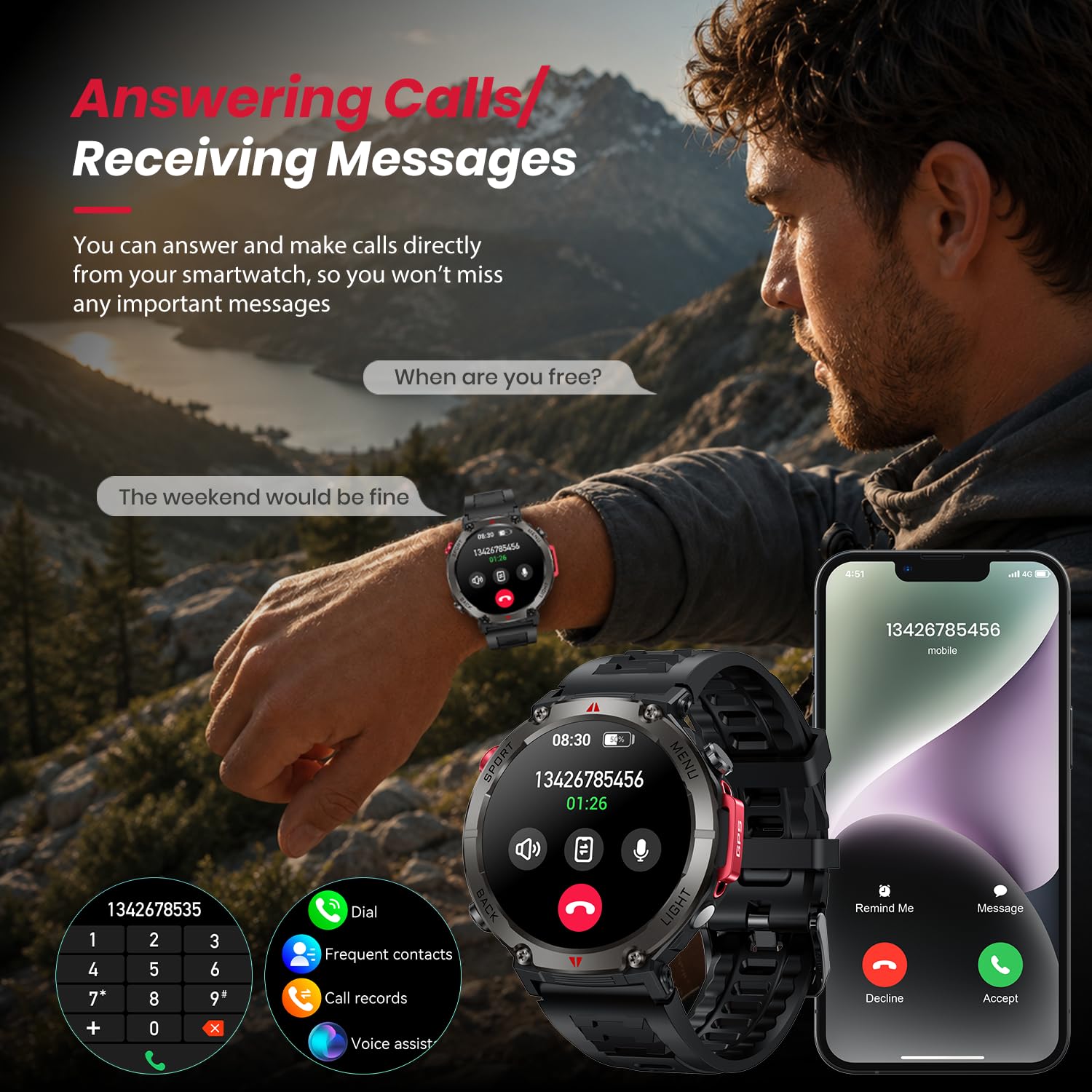 Montre Connectée Homme Smartwatch GPS: 1.45" Montre Outdoor Sport Avec Boussole et Lampe Torche Autonomie 530mAh IP68 Étanche Appel Bluetooth Surveillance Fréquence Cardiaque et SpO2 pour Android iOS