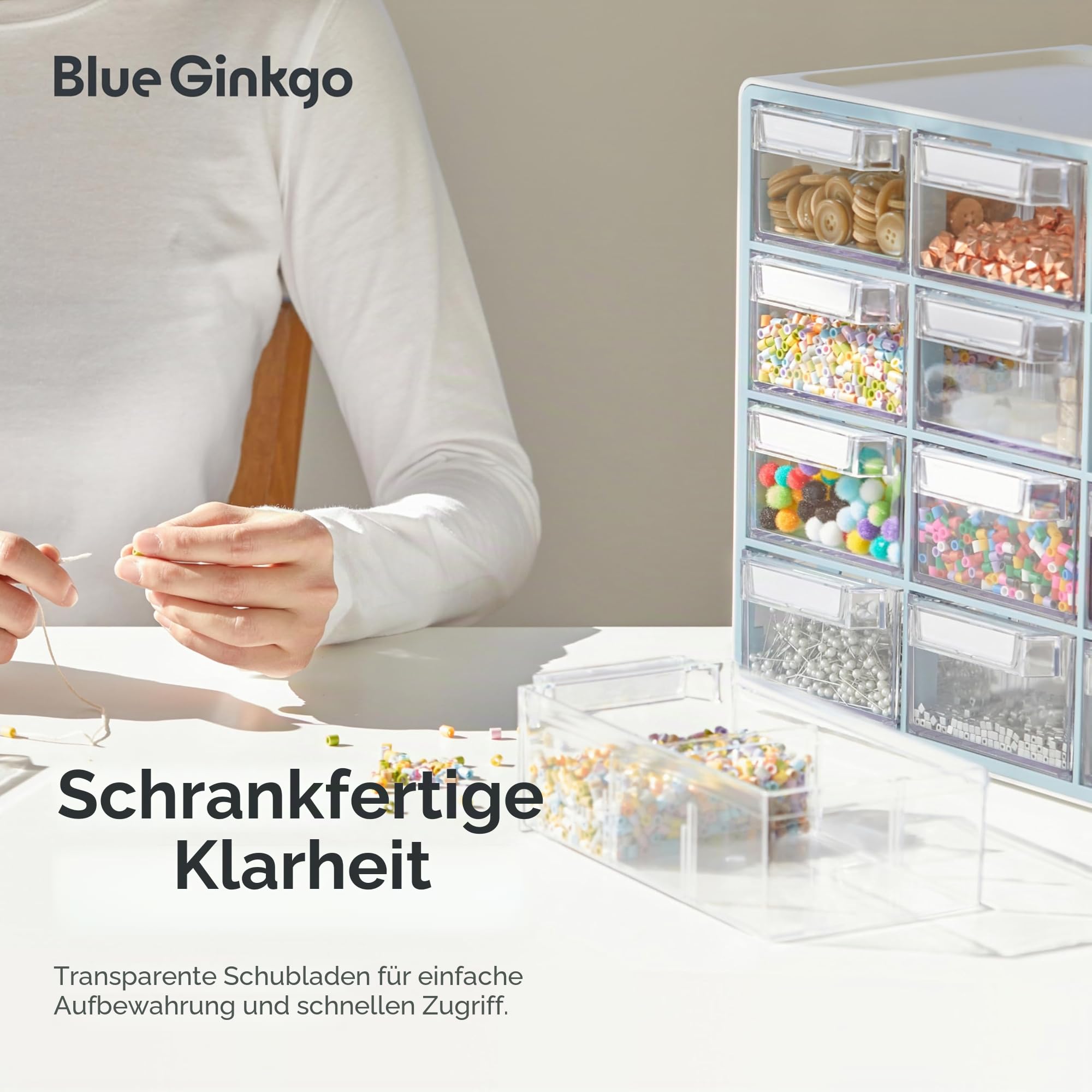 BLUE GINKGO Mittelgroßer Aufbewahrungsschrank mit 16 Schubladen – stapelbare Perlen- und Bastelaufbewahrung, Hardware-Kleinteile-Organizer, Lehrer-Werkzeugkasten (hergestellt in Korea) – Grau