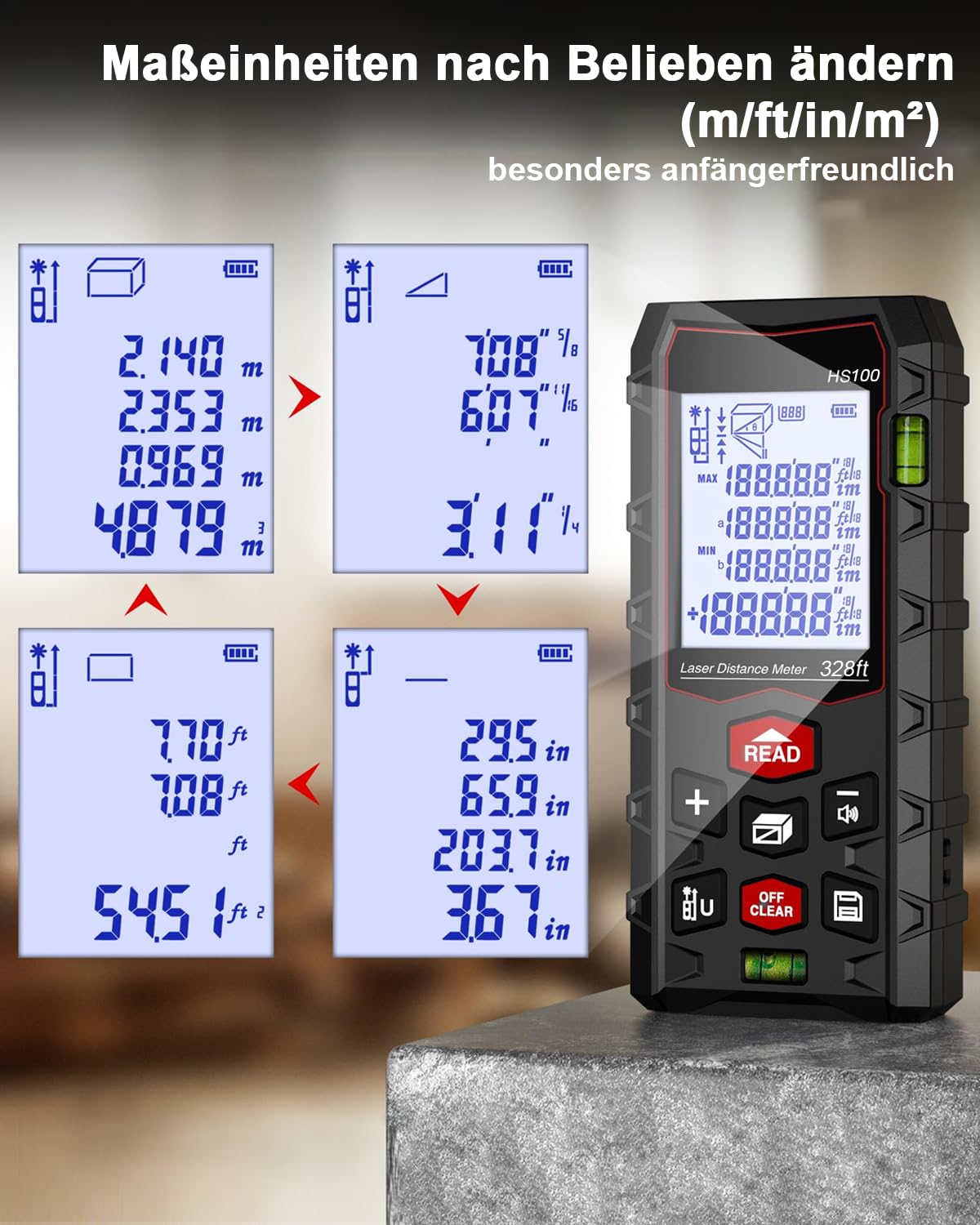 Télémètre Laser Numérique Professionnel, Mètre Laser, Portée 60m/100m, Double Niveau d’Alignement, Étanche IP54, Surface, Volume, Grand Écran LCD Rétro-éclairé, Intérieur Extérieur