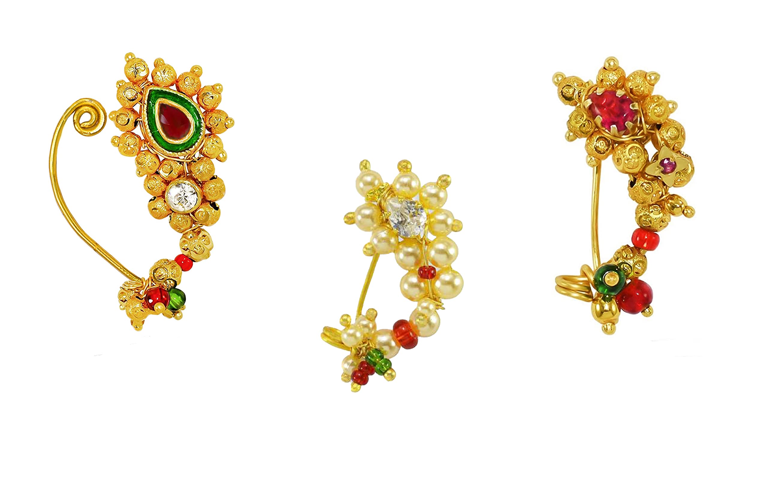 KYOOT JEWELSMedium Size Traditional Maharashtrian Banu Nath Nose ring without piercing Pearl Gold Plated Nath Combo Clip On Nose Ring For Women