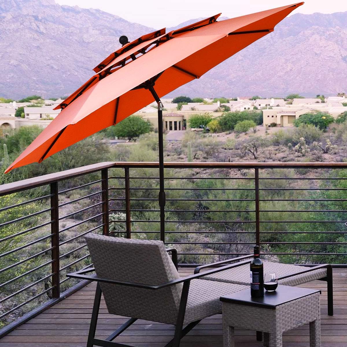 Tangkula 10 Ft 3 Tier Patio Umbrella, Outdoor Aluminum Double Vented Tilt Umbrella with Crank, for Market, Backyard, Poolside, Garden (Orange)