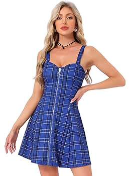 Allegra K Women's Plaid Strap Zipper Front Party Sleeveless