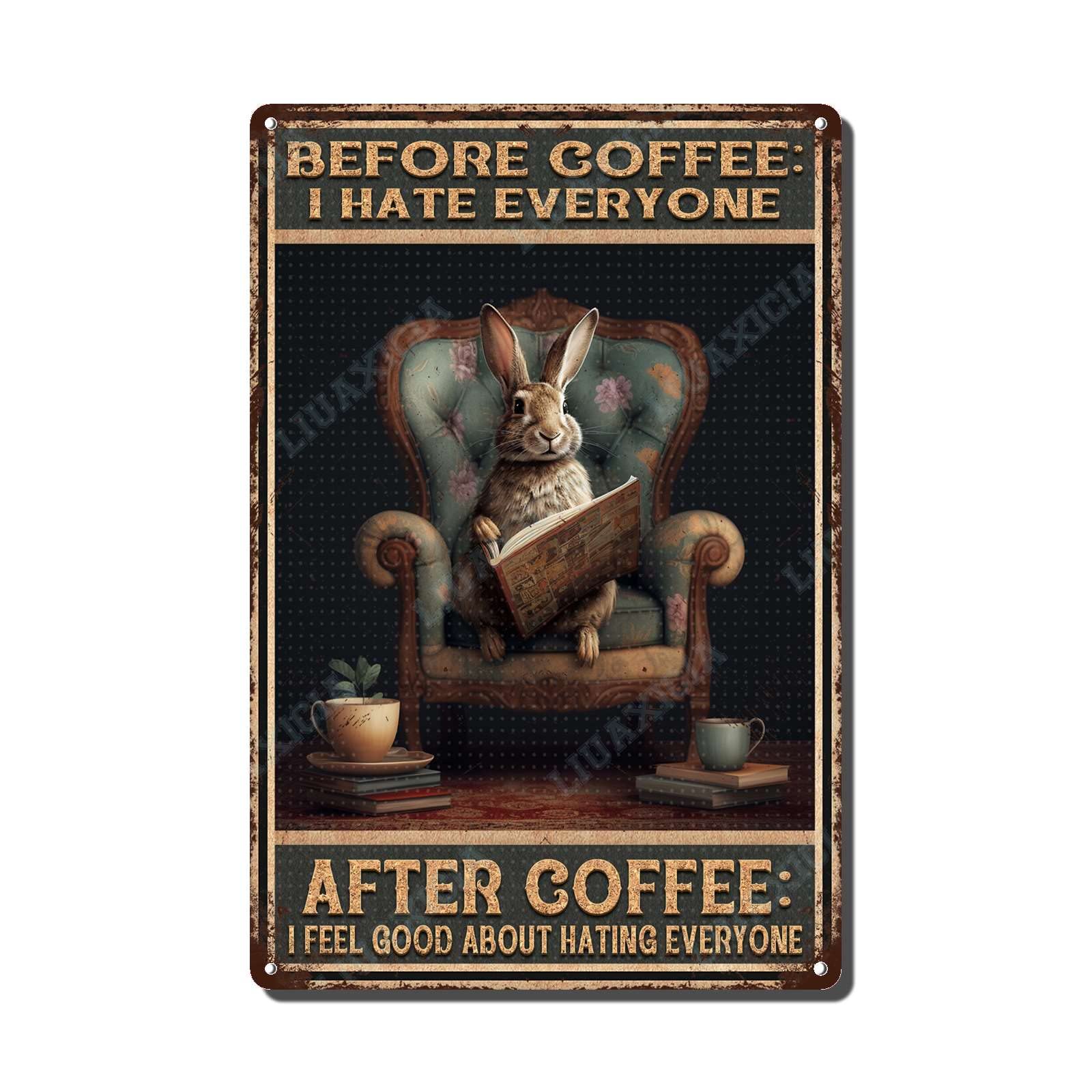 peiyeety Metal Tin Sign Before And After Coffee Rabbit Vintage Decorative Wall Art,Retro Funny Coffee Lover Rustic Plaque for Home Kitchen Living Room Office,8x12 Inch