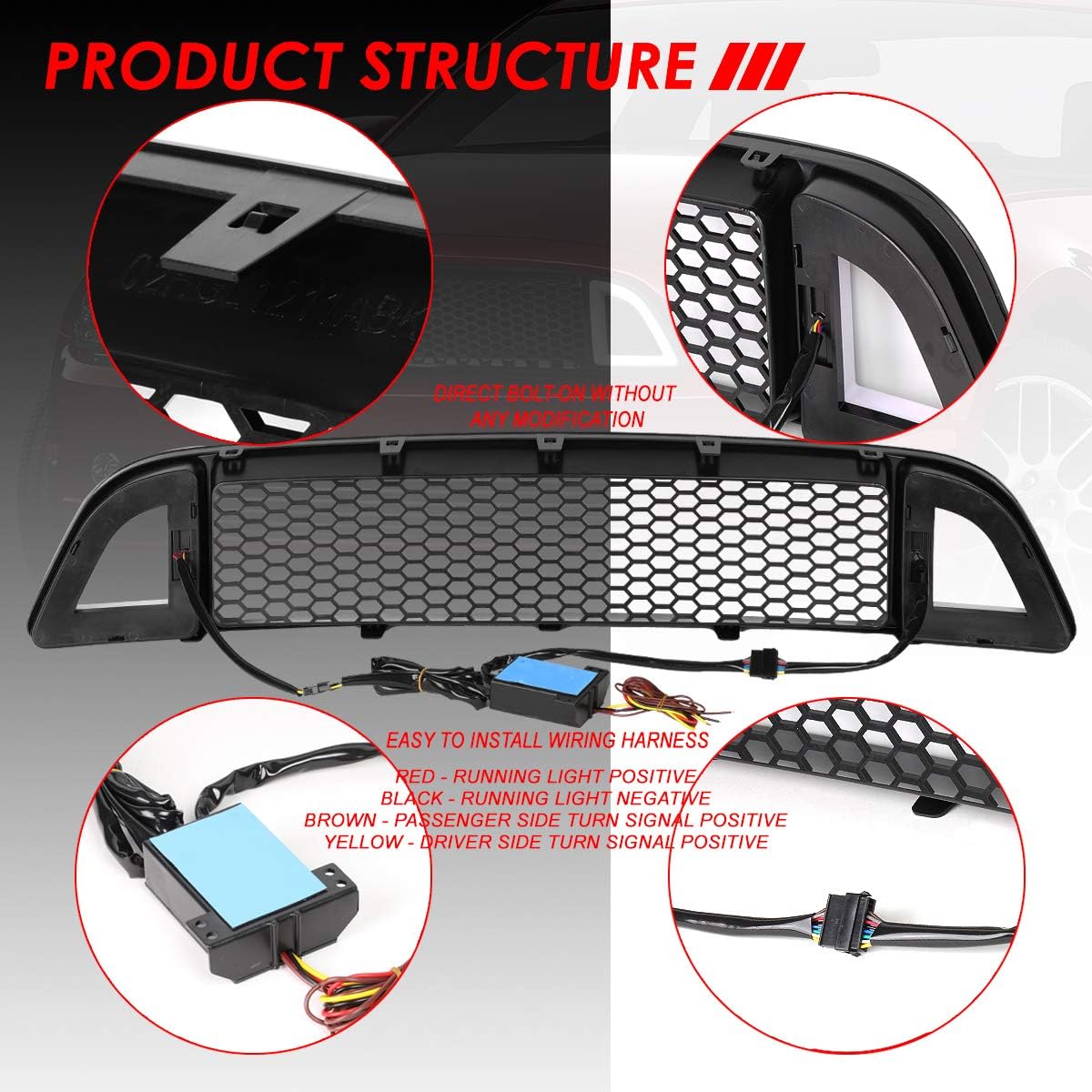 Auto Dynasty Sequential LED DRL Light Bar Honeycomb Mesh Front Upper Bumper Grille Compatible with Ford Mustang Base GT 13-14