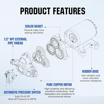 ECO-WORTHY RV Fresh Water Pump 12V DC 3.5GPM 45PSI with Pressure Switch, 12Volt Self Priming Water Pressure Diaphragm Pump On demand for RV Yacht Camper Sprayer Food Truck Black