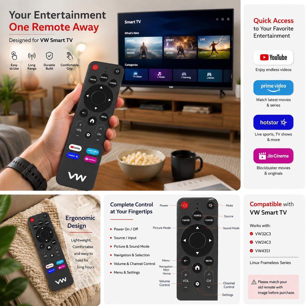 K2 Remotes Compatible for VW Smart TV Remote – Works with VW32C3 VW24C3 VW43S1 Linux Frameless Series | Non-Voice Remotes | Match Old Remote Before Purchase — Amazon image 3