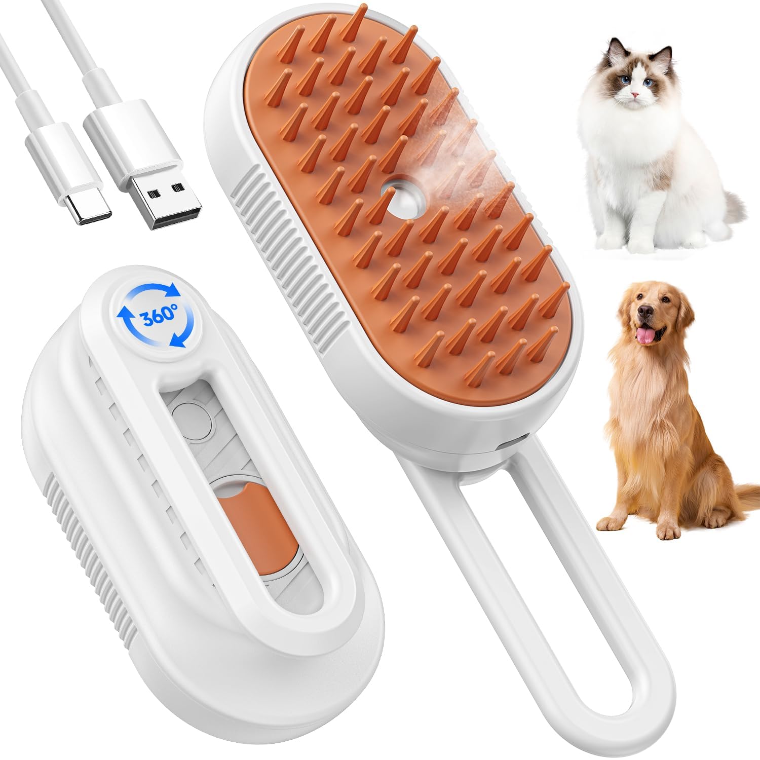Cepillo Vapor para Gatos perro, 5-In-1 Multifuncional Cepillo a Vapor para Mascotas con Tanque de Agua y Recargable para Desenredar Nudos y Pelos Sueltos en Animales, Blanco