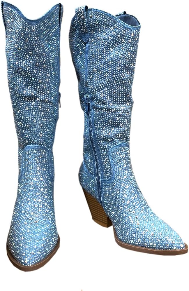 ABSOLEX Women Western Cowgirl Cowboy Pointed Toe Rhinestone Knee High Boots - 第 51/64 張圖片