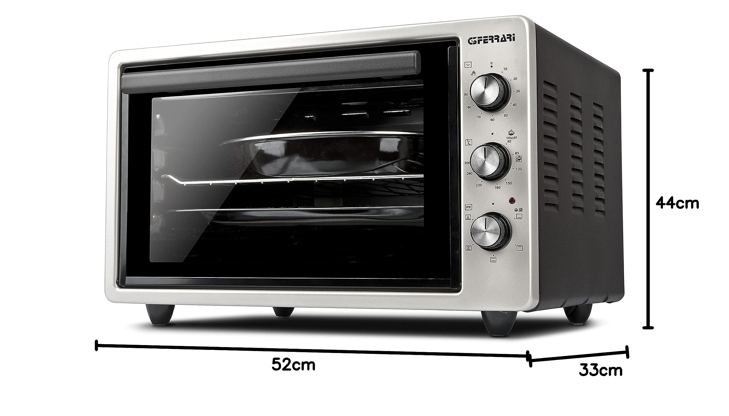 G3 Ferrari G10152 Rostò 37 Heißluftofen, 37 L, bis 300 °C, Doppelglas-Tür, Innenbeleuchtung, 1500 W, 90-Minuten-Timer, einstellbarer Thermostat, inklusive Zubehör, Silber/Schwarz