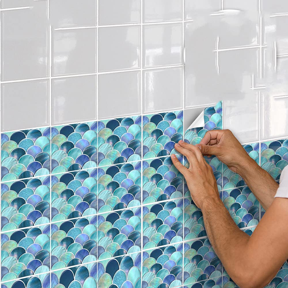 Tile Stickers,10 Pieces of Fish Scale Mosaic Tile Stickers, Waterproof Wall Stickers for Dining Room, Living Room and Bathroom -20cm