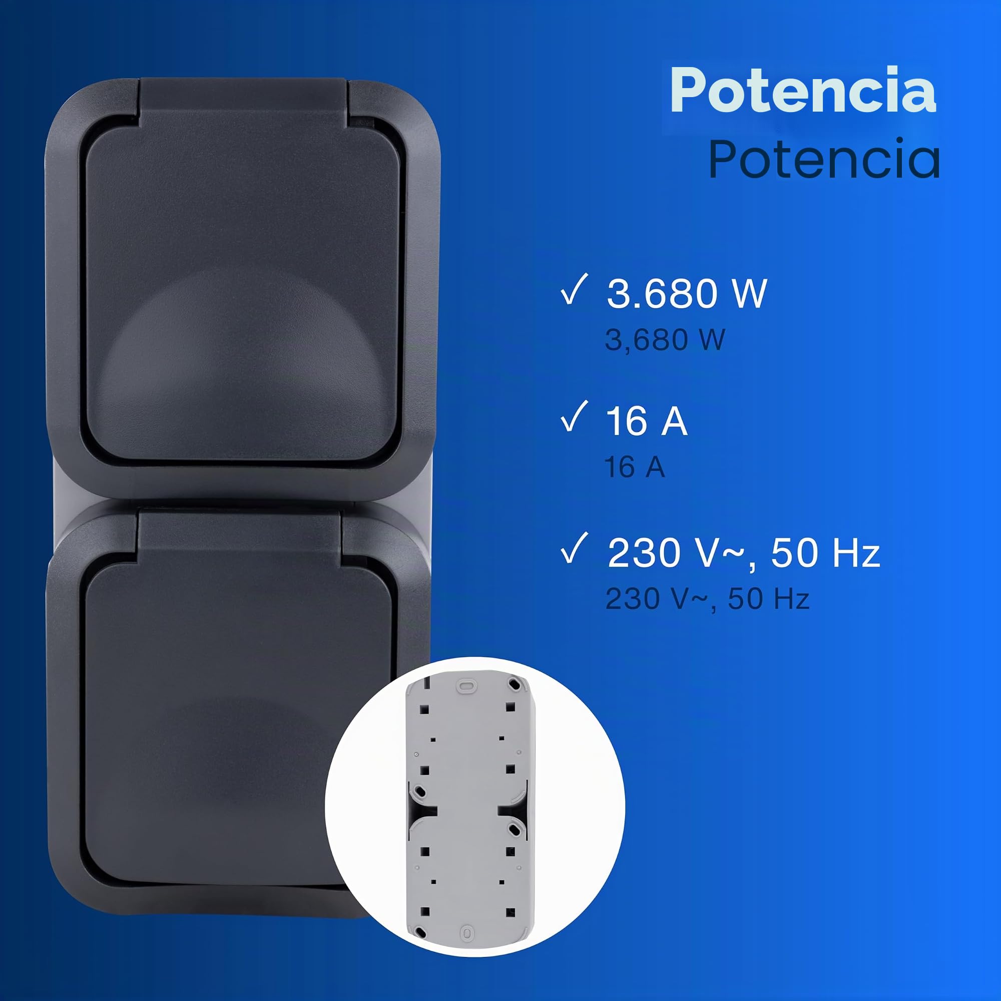 REV - AquaStorm, doble enchufe, IP55, bipolar, montaje en superficie vertical, 230 V, 16 A, antracita