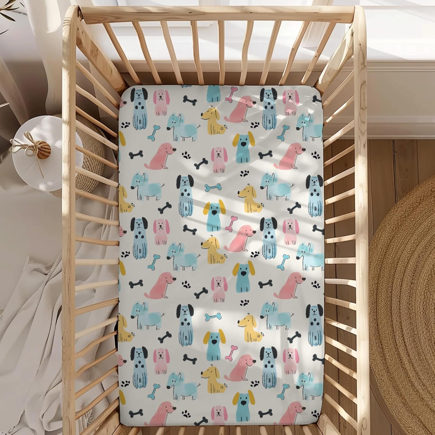 Cute Cartoon Dogs Pattern Baby Sheets for Crib, Unisex Dogs Theme Nursery Fitted Bed Sheet for Boys Girls Standard Crib and Toddler Mattress-28x52