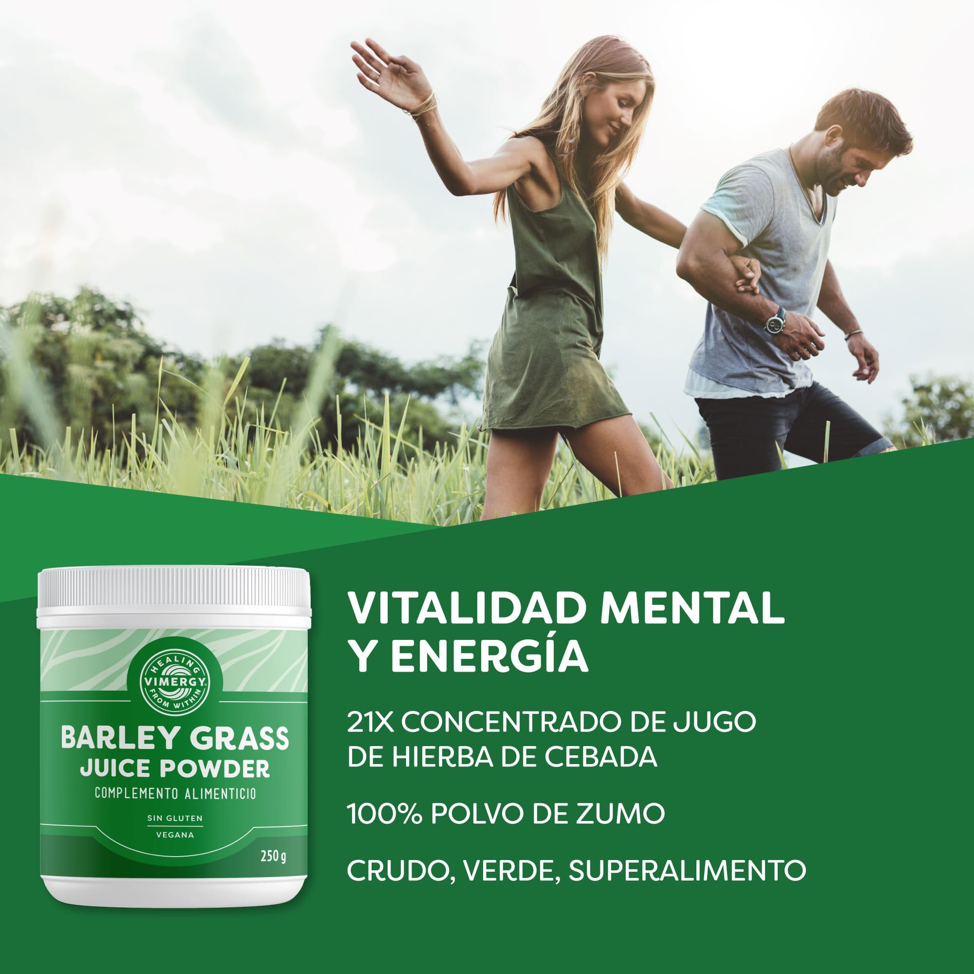 Vimergy Barley Grass Juice Powder – 250 g, 62 Dosis – Jugo de Hierba de Cebada en Polvo – Suplemento Vegano – Fórmula sin Agentes Antiaglomerantes, Rellenos, Saborizantes ni Azúcar – Sin OMG ni Gluten