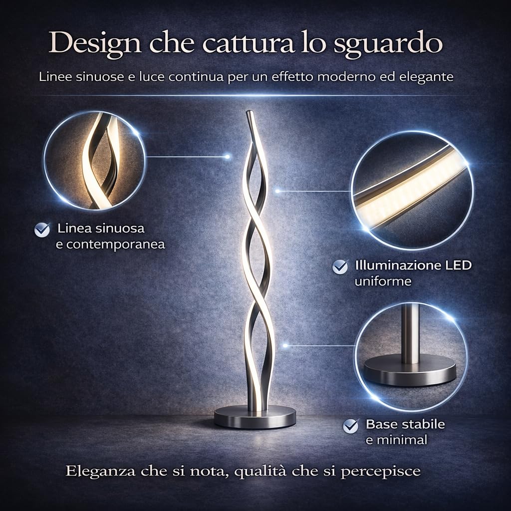 Arcadia Lampada da Terra LED Moderna Spirale | Piantana Design Contemporaneo | Luce Calda/Fredda | Lampada Salotto Camera da Letto Studio, Arredo Interni Elegante 120 cm (Nero)