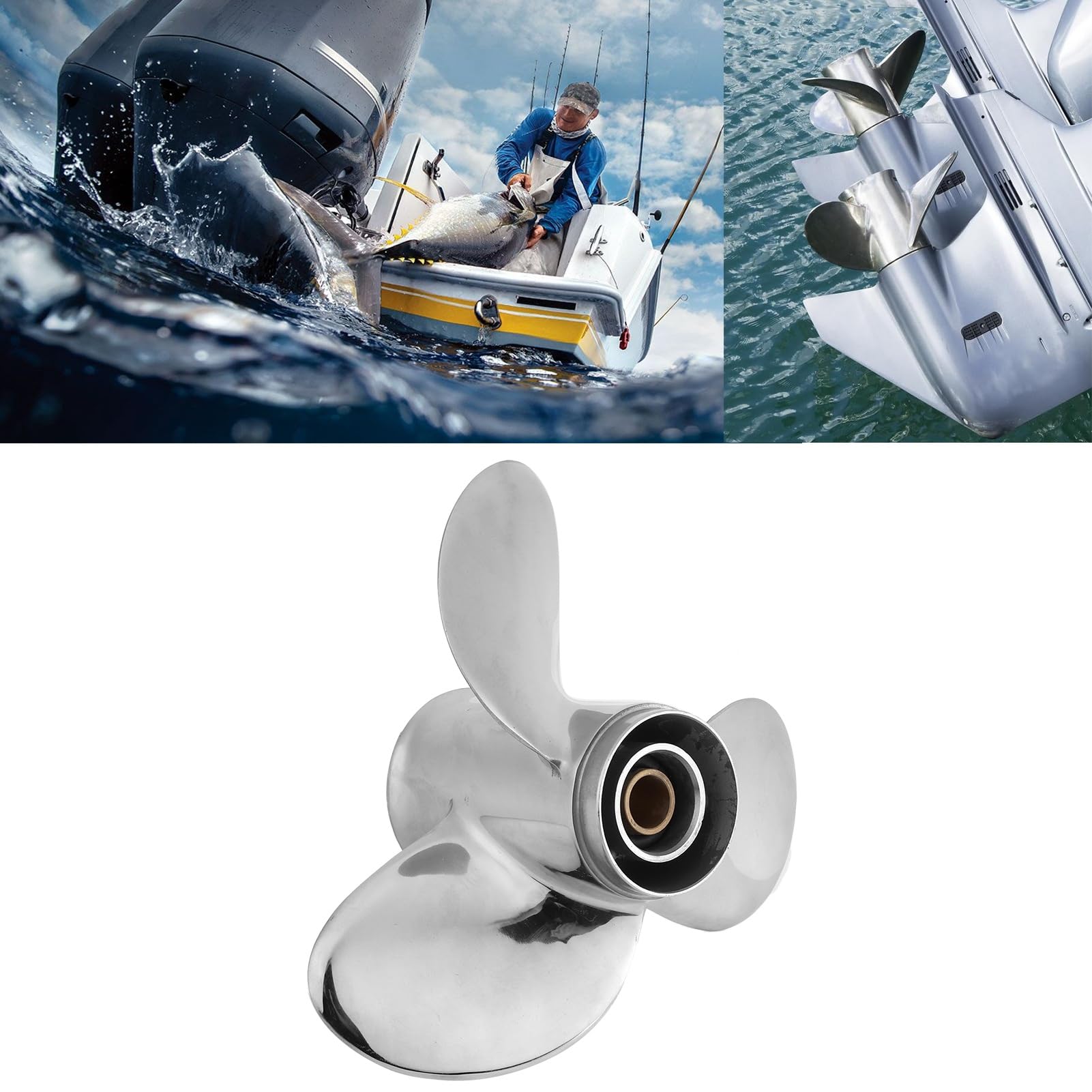 Cocoarm Hélice de Motor Fueraborda Hélice de 3 Palas de Acero Inoxidable 14 Dientes Estriados 9 1 4 X 9 RH para Motor de, a 20 2 1 2 Pulgadas Reemplazo de Caja de Cambios para Navegación
