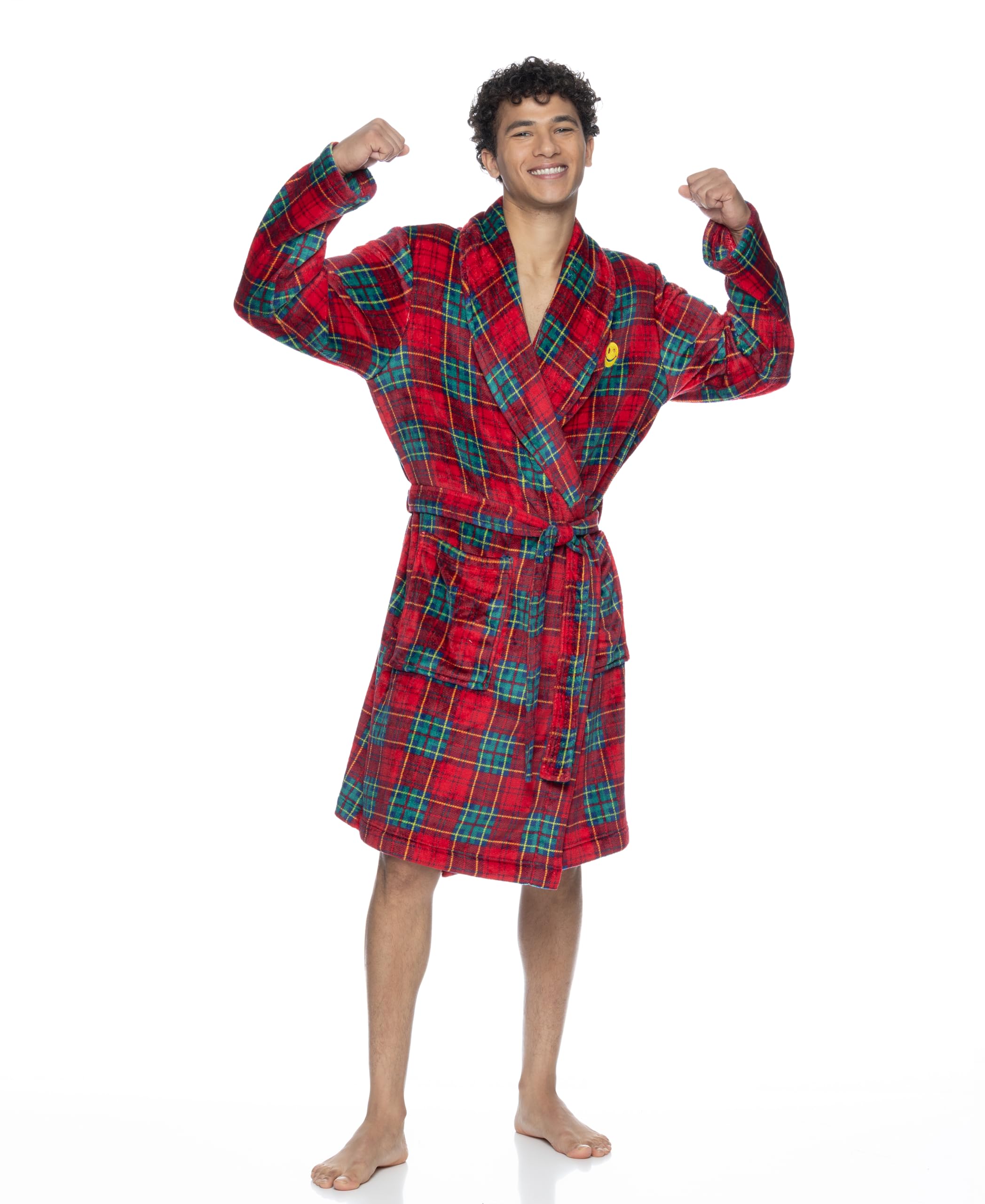 JOE BOXER Men Tartan Plaid Plush Robe - Bathrobes for Men (Deep Red, One Size)