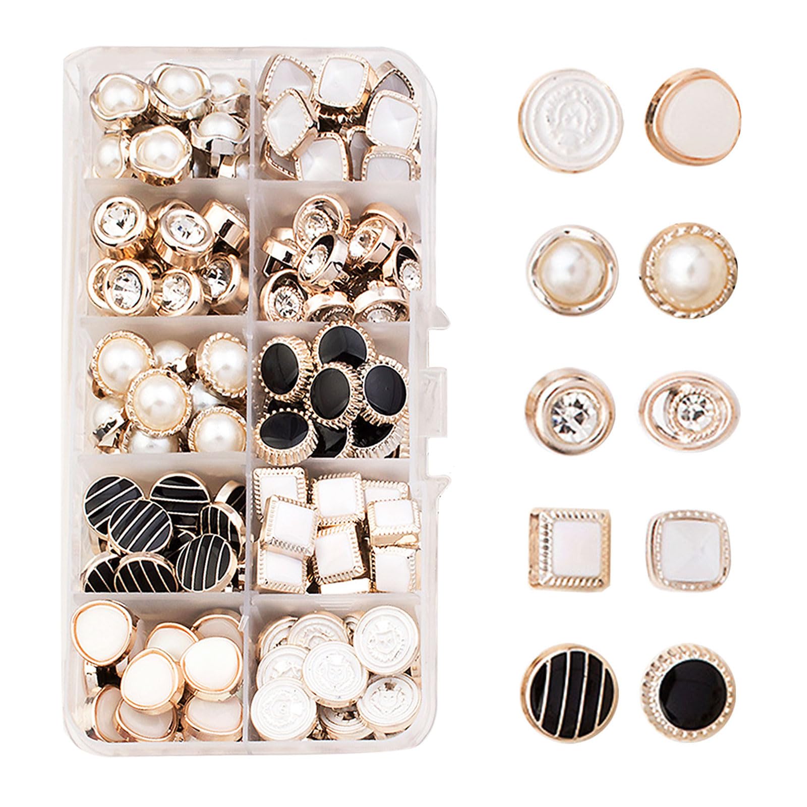 100 Pcs Sew-in Faux Pearl Buttons, Diamante and Small Black Buttons for Cardigans, Shirts, and Craft Projects - 10mm White and Gold Included