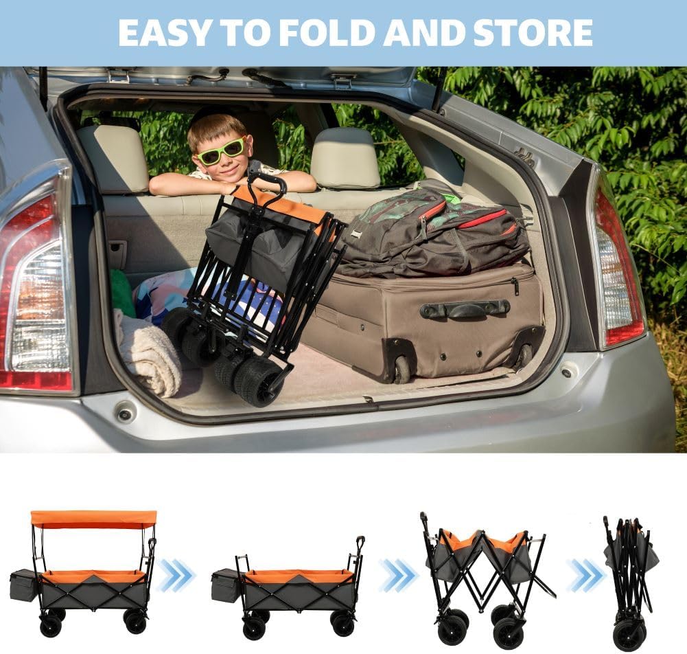 500Lbs Collapsible Wagon with Canopy, Lightweight Foldable Wagon Heavy Duty Utility Outdoor Garden Cartwith Mosquito net, Large Capacity for Camping, Shopping, Sports, and Garden Use (Orange)
