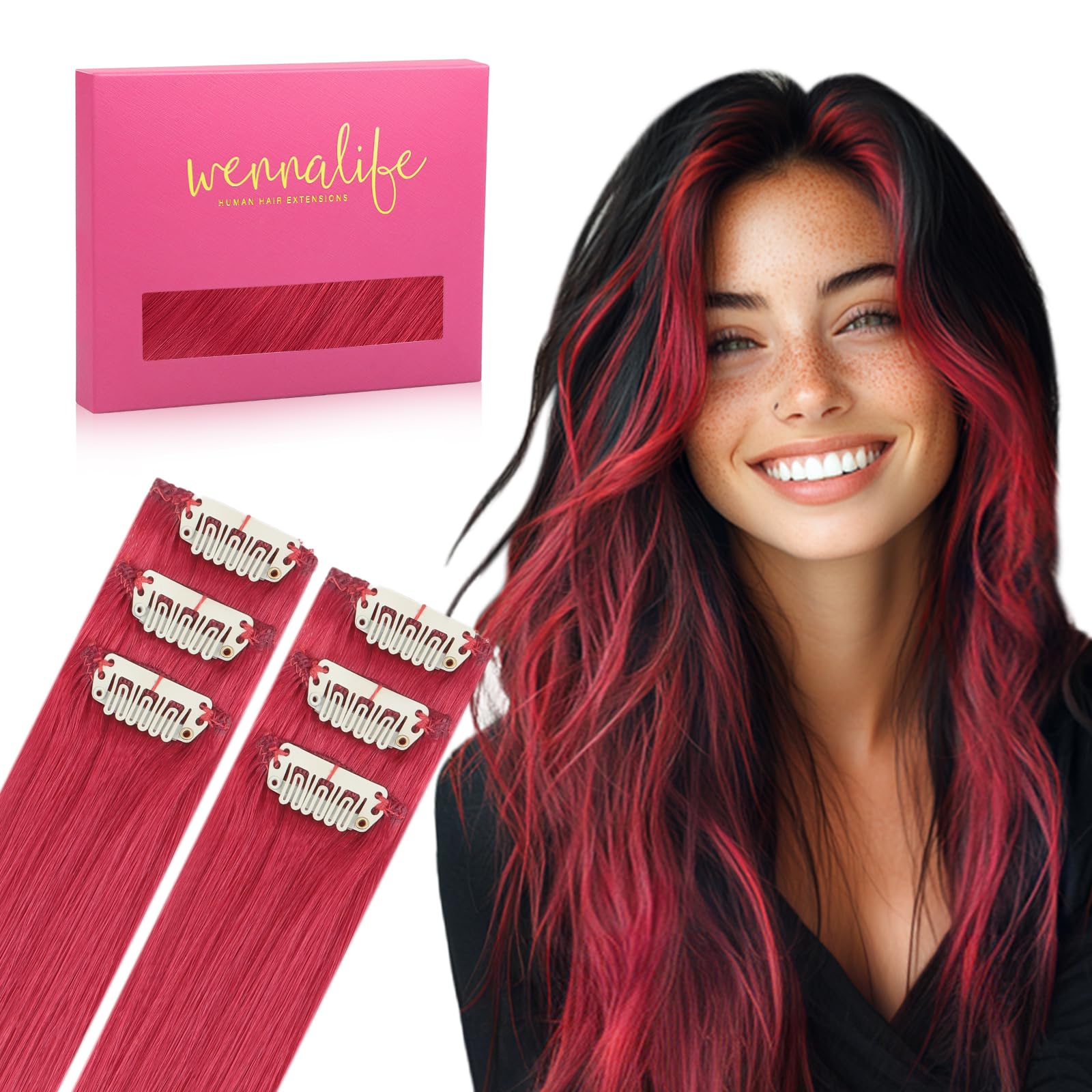 WENNALIFE Red Clip in Hair Extensions Real Human Hair 35g 6pcs 14 Inch Colored Hair Extensions for Kids Women Colorful Hair Pieces Pop-up Style