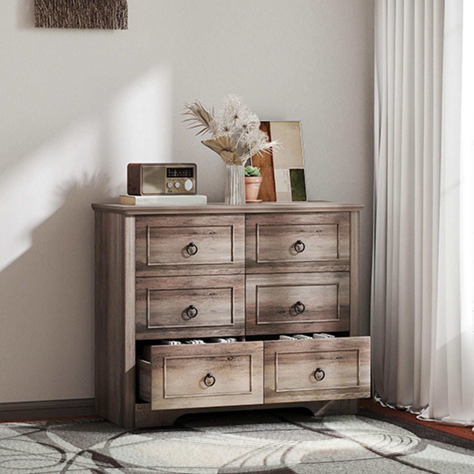 Comò con 6 Schubladen, Commode Holz, Schubladenschrank 102x40x85cm, Komodenschrank con Griffen und Kippsicherung, Cassettiera, Commode Grau per Schlafzimmer, Wohnzimmer