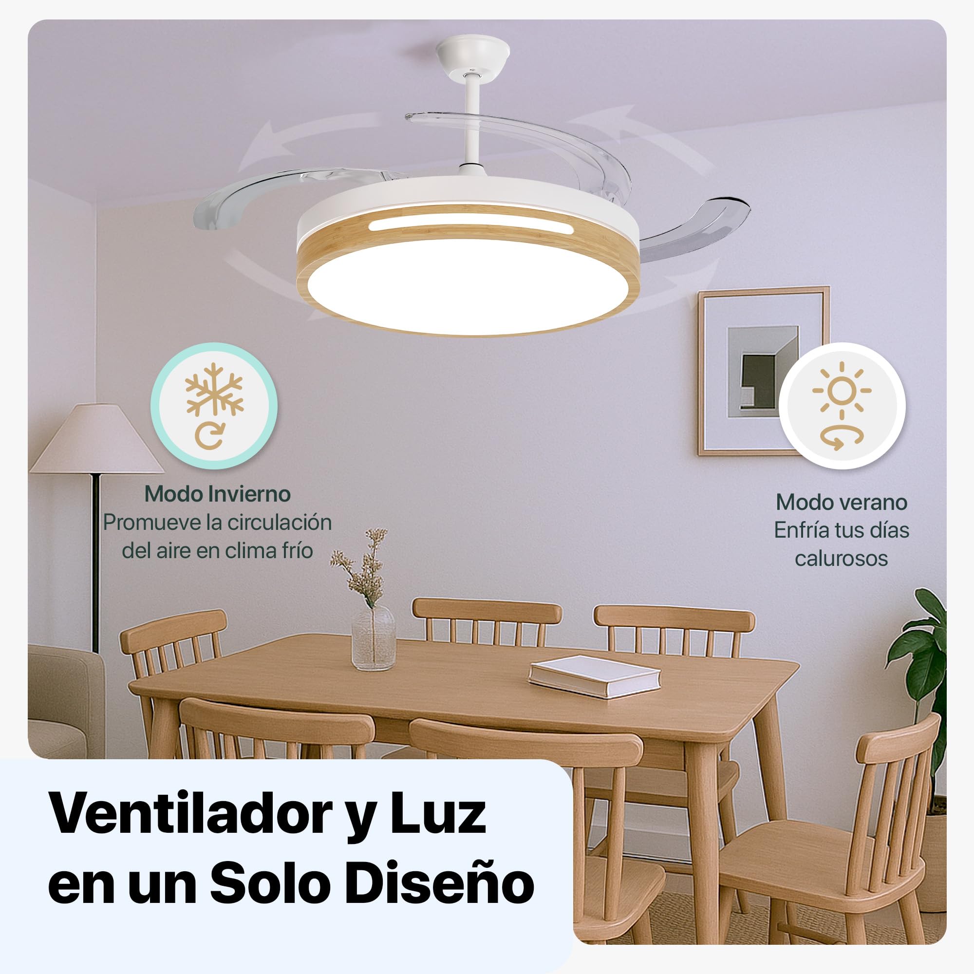 LEDUNI Ventilador de Techo con Aspas Retráctiles Control Remoto 66W | 30W Motor DC+36W Luz 2880LM Luz Integrada, Color Blanco CCT 3000-4000-6000K (Madera Liso)