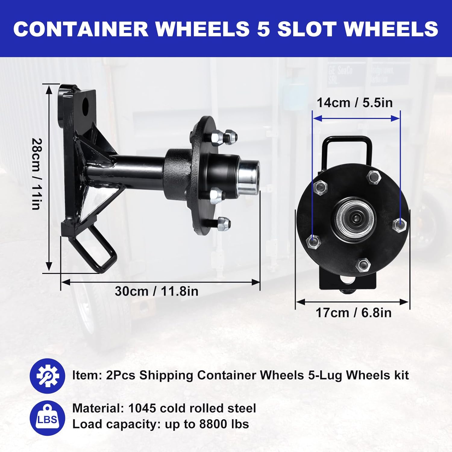 2 Pack Shipping Container Wheels 5-Lug Wheels Kit, Moves up to 20ft - 40ft Shipping Container, 5 Lug x 5.5" Bolt-on Spindle Kit Quick Disassembly, 8800lb Heavy-Duty Shipping Container Axles