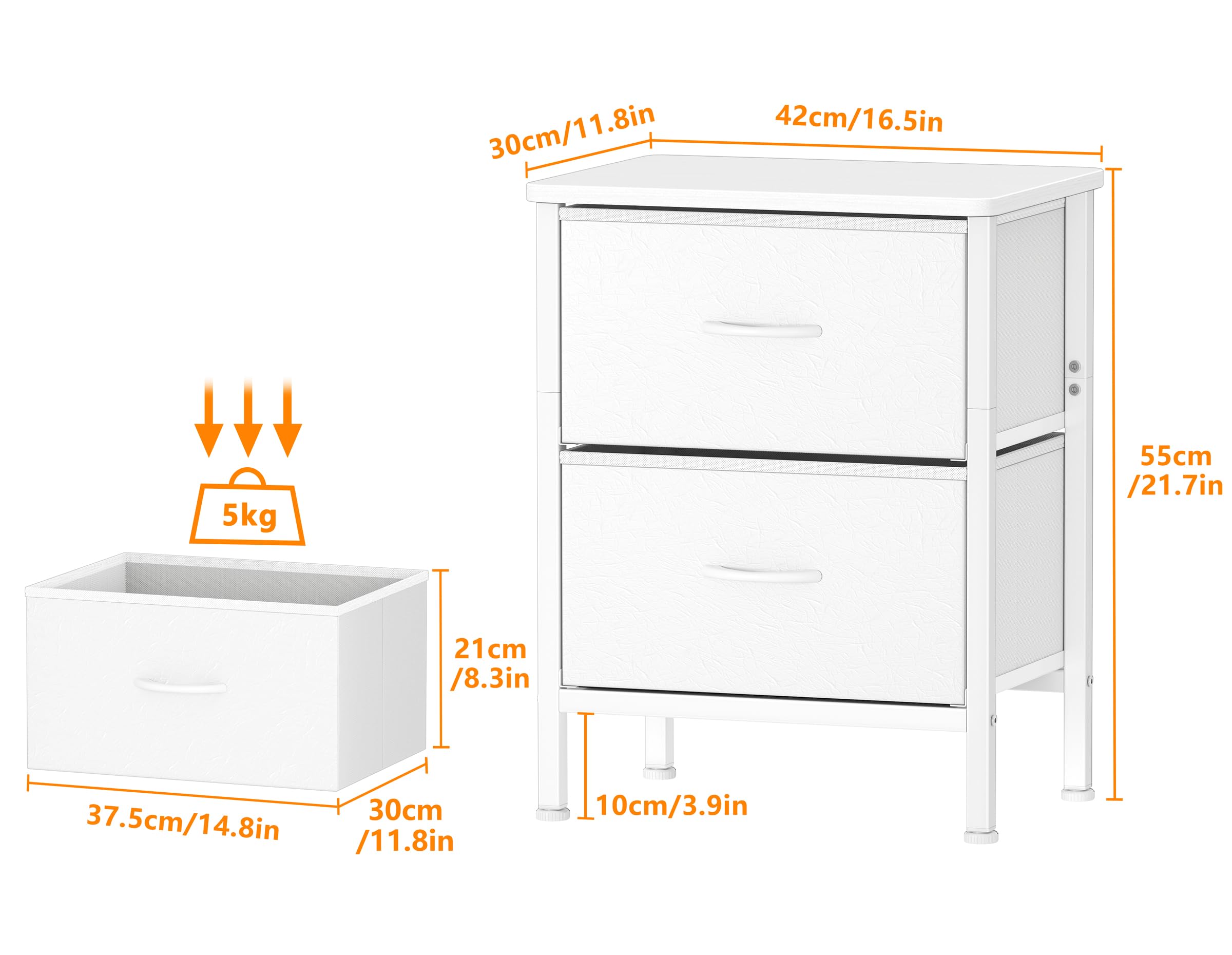 HOMIDEC Mesita de Noche, Juego de 2 Mesitas de Noche con Estructura de Metal y 2 Cajones de Tela de Gran Capacidad para Dormitorio, Salón, Color Blanco, 42 x 30 x 55 cm