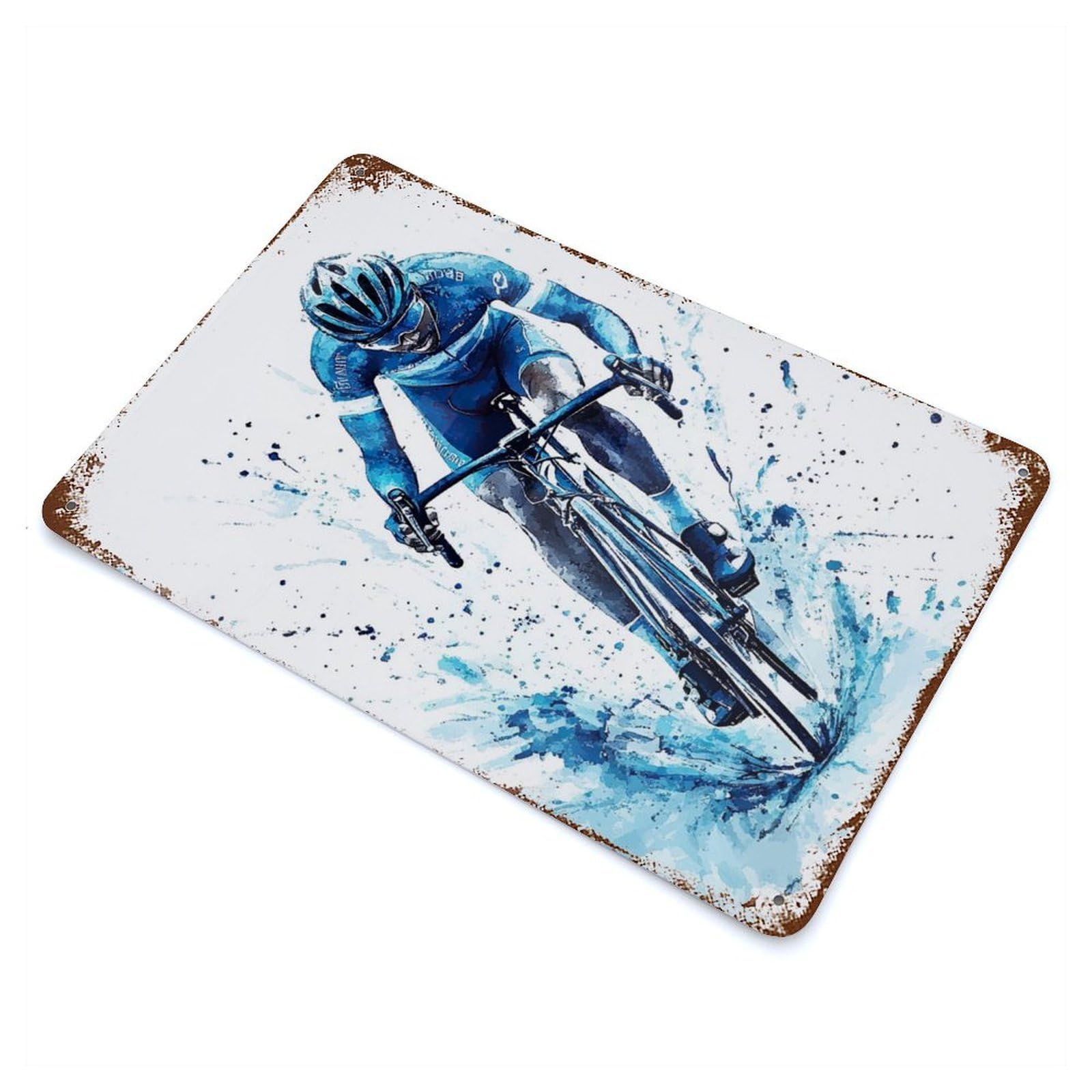 Garage Style Cyclist in Action Rustic Tin Plaque 11.8"x7.9", Industrial Home Decor for Bar And Workshop