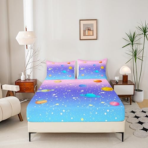 Miniatura 4 de Outer Space - Juego de sábanas de tamaño individual para niñas y niños, arcoíris, galaxia, estrellas, planeta, juego de sábanas kawaii pastel, rosa,